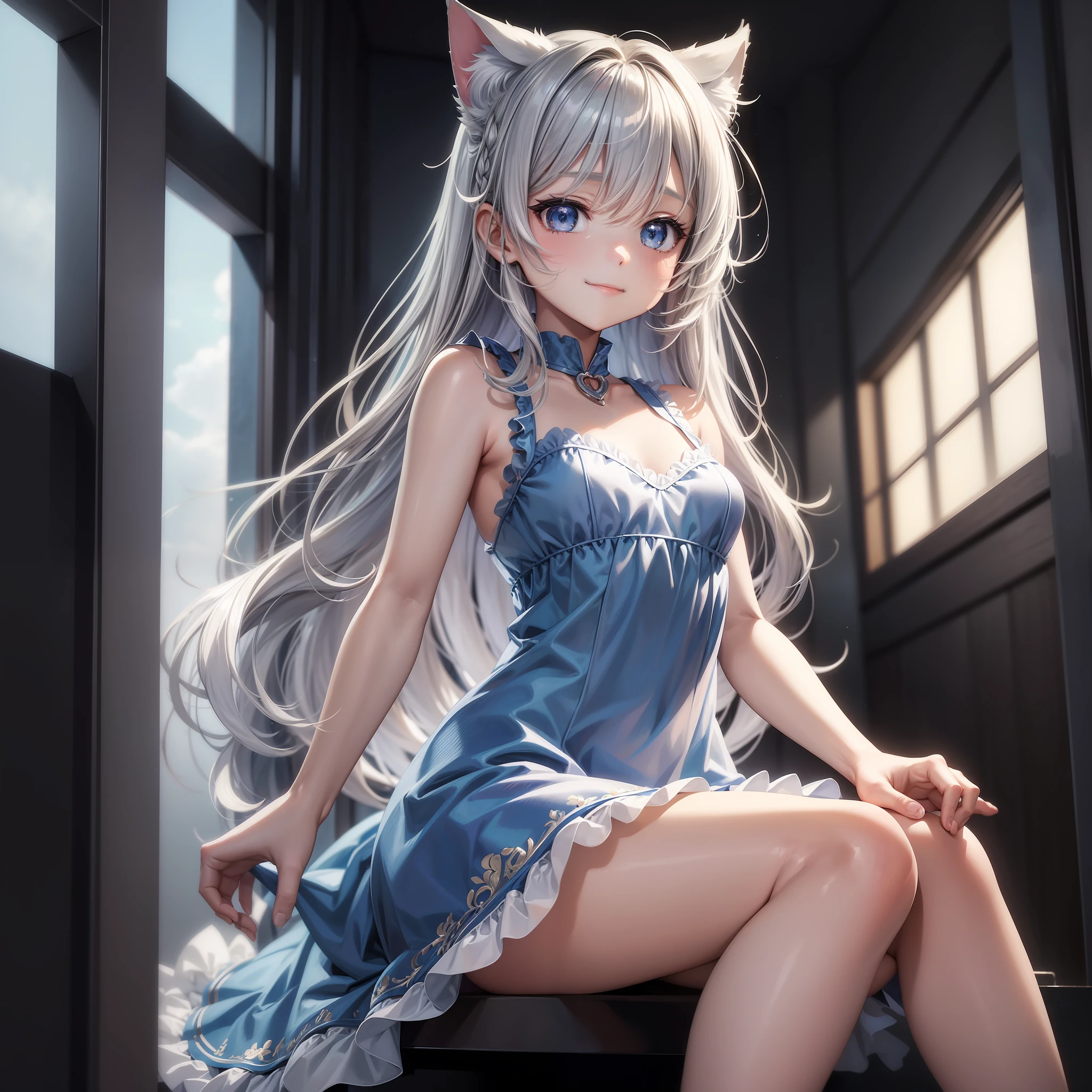 (Masterpiece), (High Quality Anime Illustration), (Super Definition), A Girl, Solo, Beautiful Silver-Haired Girl, Anime, Loli Ear, Loli Catl, Transparent Light Blue Loli Dress, t Dress, Sleeveless, Smile, Emphasis on Neckline, Emphasis on Lower Chest, Thighs, Legs, Tennis --auto --s2