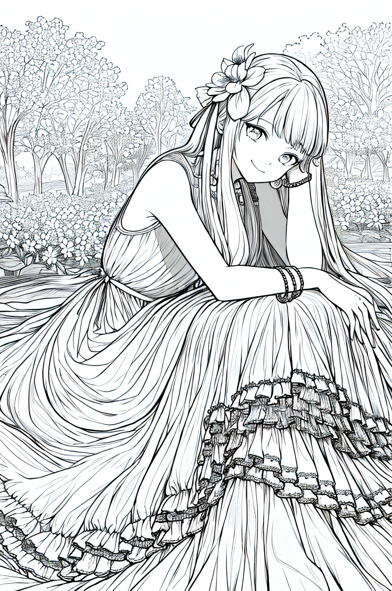 masterpiece, best quality, 1girl, solo, long_hair, looking_at_viewer, smile, dress, ribbon, jewelry, very_long_hair, hair_ribbon, flower, bracelet, two_side_up, hand_on_own_face, head_rest, hand_on_own_cheek, lineart, monochrome,