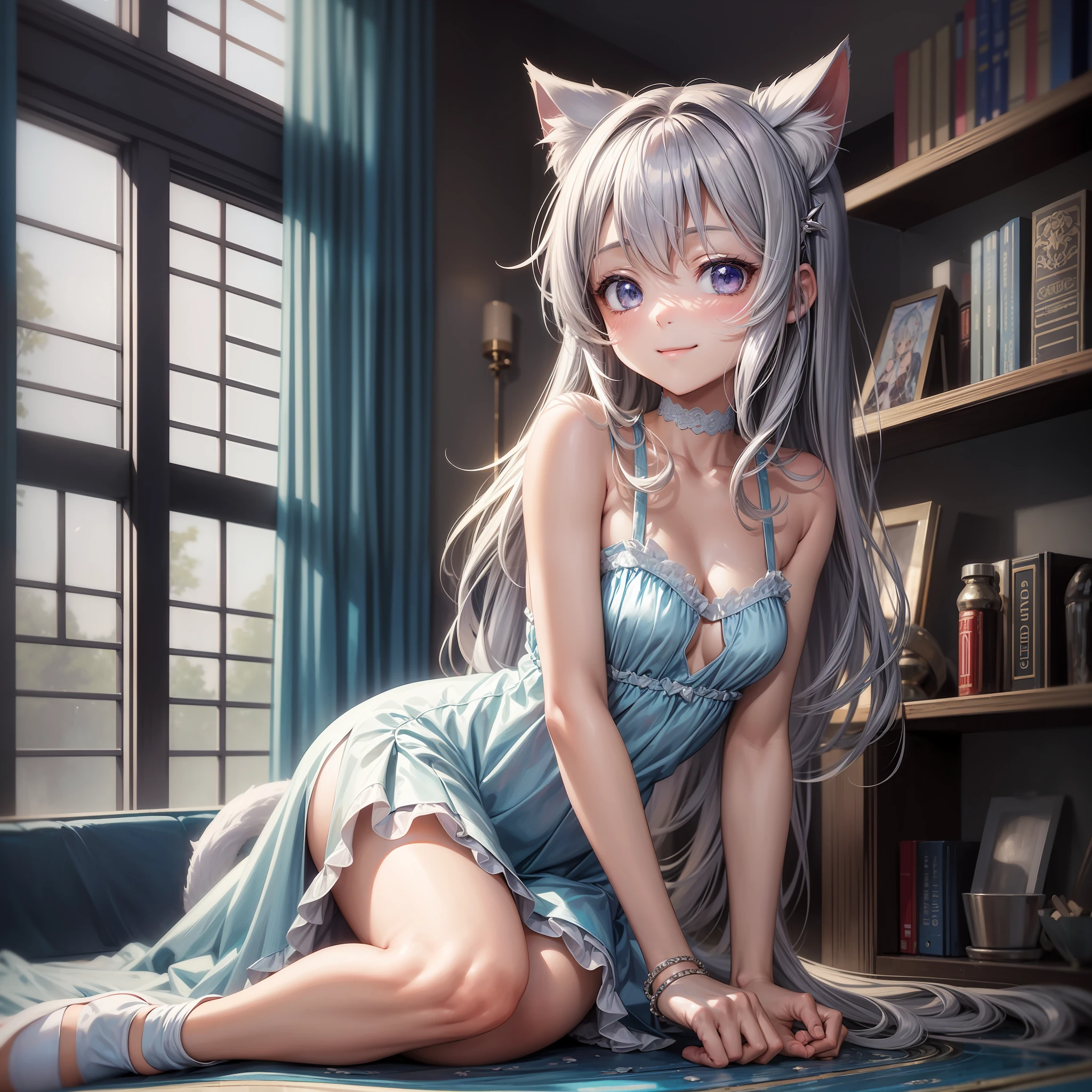 (Masterpiece), (High Quality Anime Illustration), (Super Definition), A Girl, Solo, Beautiful Silver-Haired Girl,  Anime, Loli Ear, Loli Catl, Transparent Light Blue Loli Dress, t Dress, Sleeveless, Smile, Emphasis on Neckline, Emphasis on Lower Chest, Thighs, Legs, Tennis --auto --s2