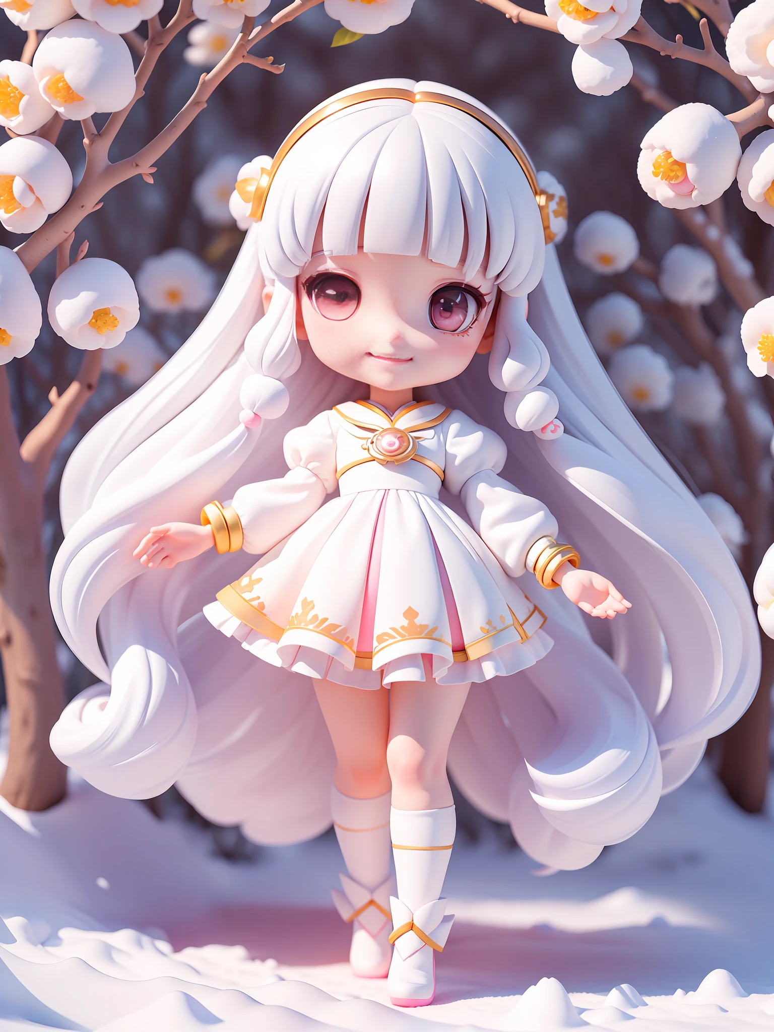 (masterpiece),(best quality),(ultra-detailed), (full body:1.2),1girl, snowy, Sunshine, cute ,chibi, (Big Head: 1.5).smile, pink eyes, long hair,white hair, bangs, sailor moon, ((All white-clothes)), tree, cheery blossom, graceful, (beautiful detailed face), (beautiful detailed eyes),