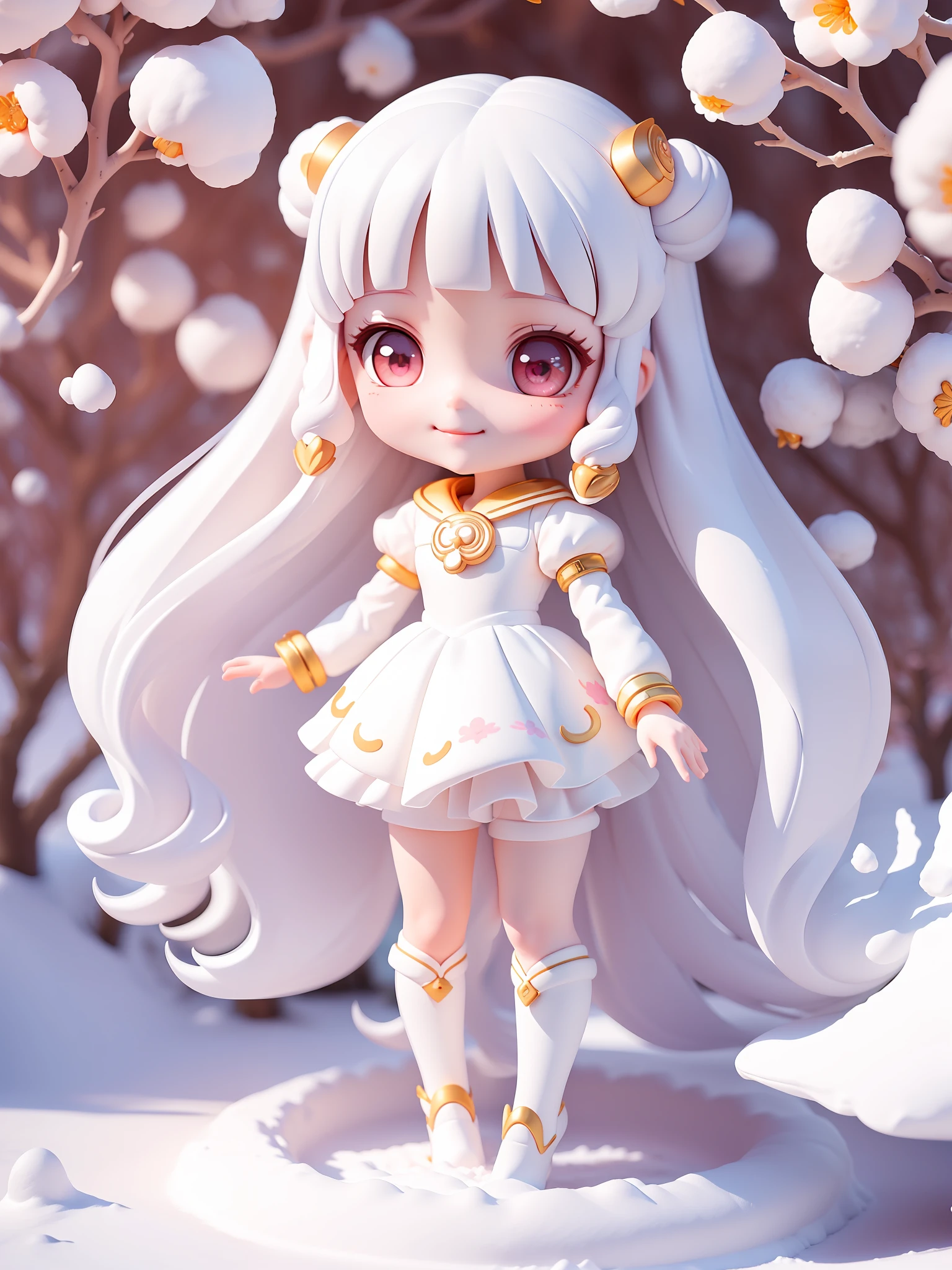 (masterpiece),(best quality),(ultra-detailed), (full body:1.2),1girl, snowy, Sunshine, cute ,chibi, (Big Head: 1.5).smile, pink eyes, long hair,white hair, bangs, sailor moon, ((All white-clothes)), tree, cheery blossom, graceful, (beautiful detailed face), (beautiful detailed eyes),