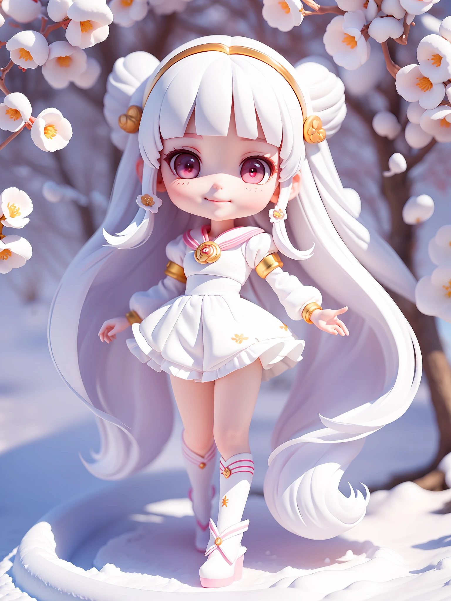 (masterpiece),(best quality),(ultra-detailed), (full body:1.2),1girl, snowy, Sunshine, cute ,chibi, (Big Head: 1.5).smile, pink eyes, long hair,white hair, bangs, sailor moon, ((All white-clothes)), tree, cheery blossom, graceful, (beautiful detailed face), (beautiful detailed eyes),
