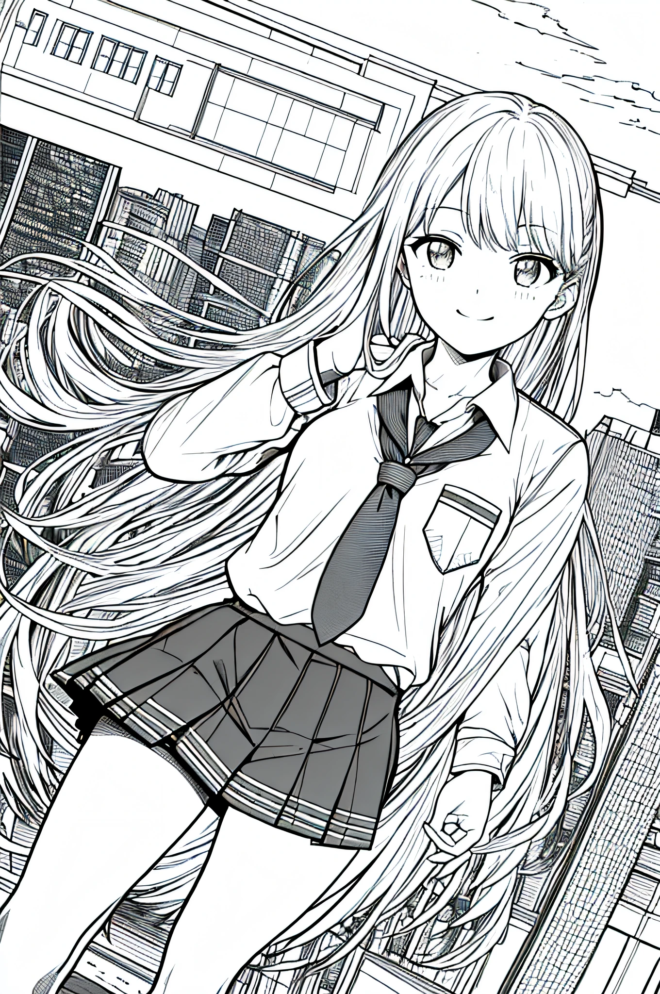 masterpiece, best quality, 1girl, light smile, street, skyscrapper, school uniform, monochrome, lineart,