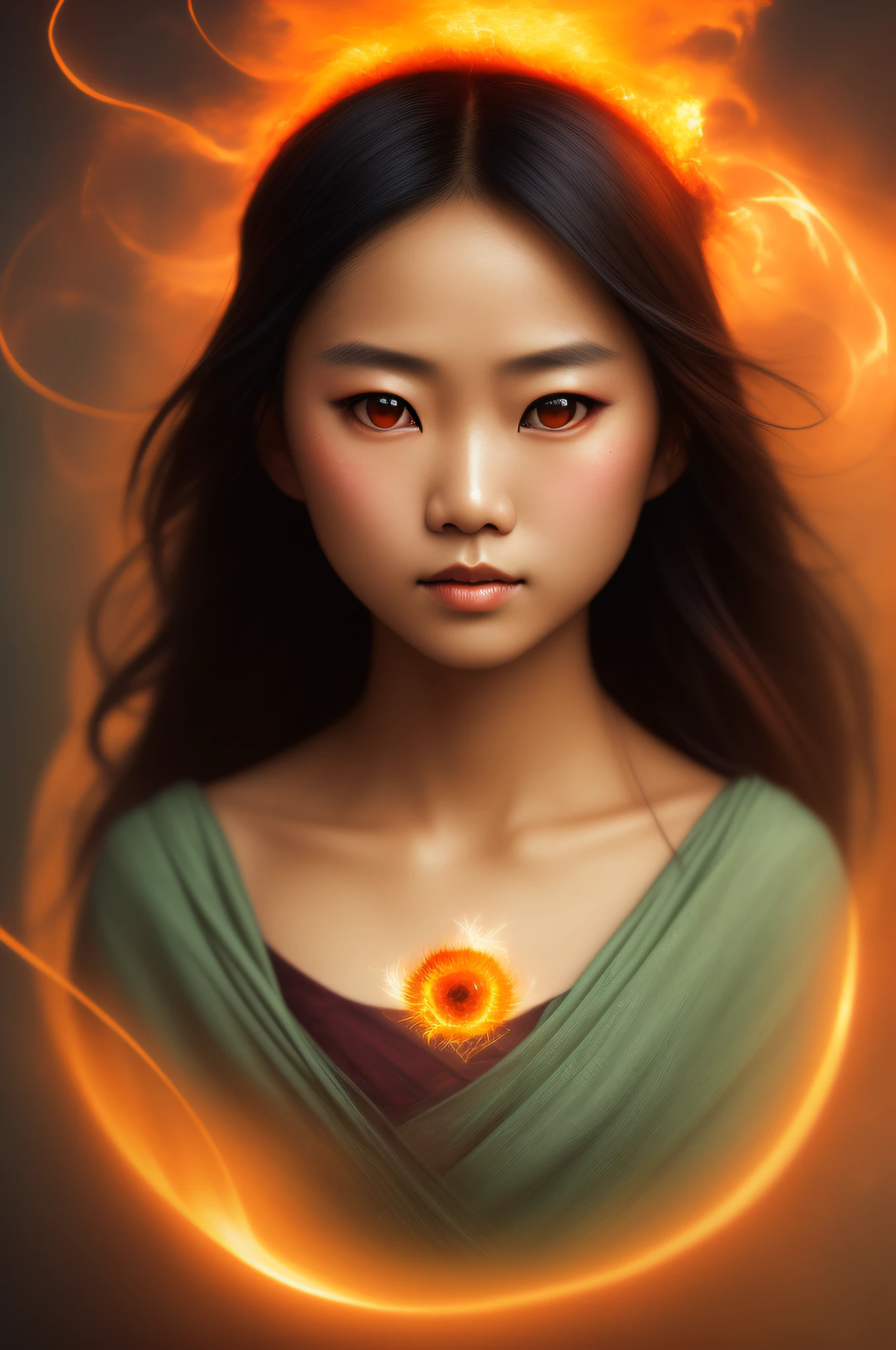 High-detail RAW color photo of a beautiful Asian woman of 30 years (((Fun cute, small, thin) with angular face, pointed chin, feminine, big eyes)), ((wearing rags, damaged)) cover, realistic, symmetrical, highly detailed, hard lighting, cinematic lighting, art by artgerm and greg rutkowski and alphonse mucha, ((tornado, sparks, embers)) serious eyes, contrast, textured skin,  cold skin pores, hasselblad, 45 degrees, strong light, gigapixel, visible feet, flawless face,