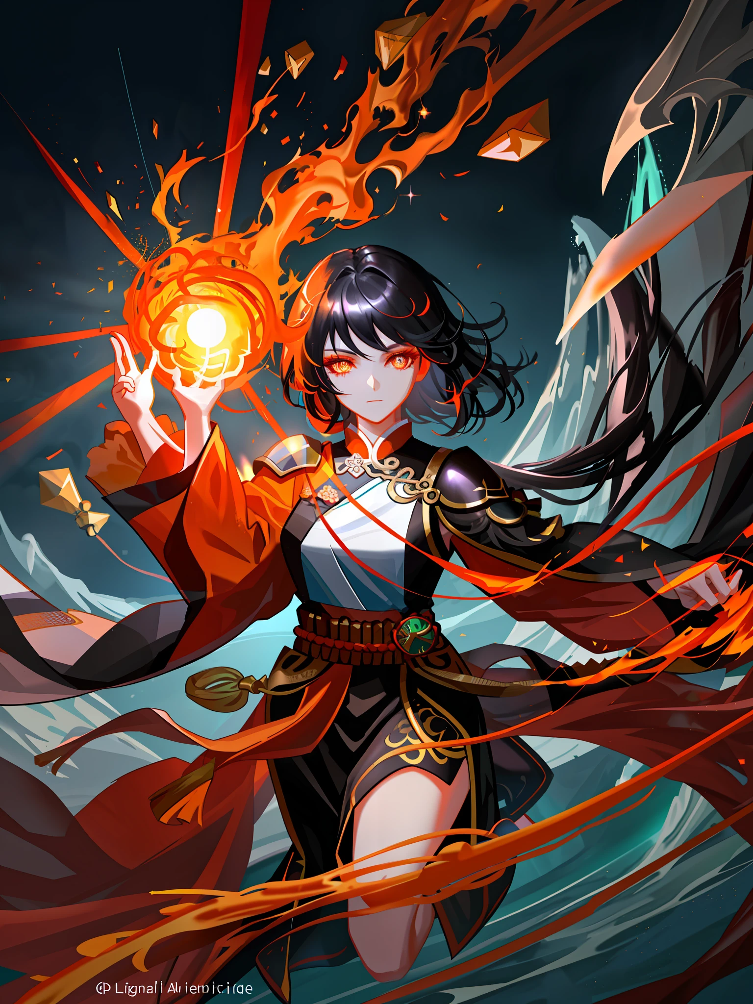 A girl with high gloss skin and strong texture, close-up, orange sparkling eye iris, black hair, fluffy hair, Hanfu, streamers, fluid paint, scattered energy, riding a Chinese dragon, waterfall background landscape, global lighting, rich details