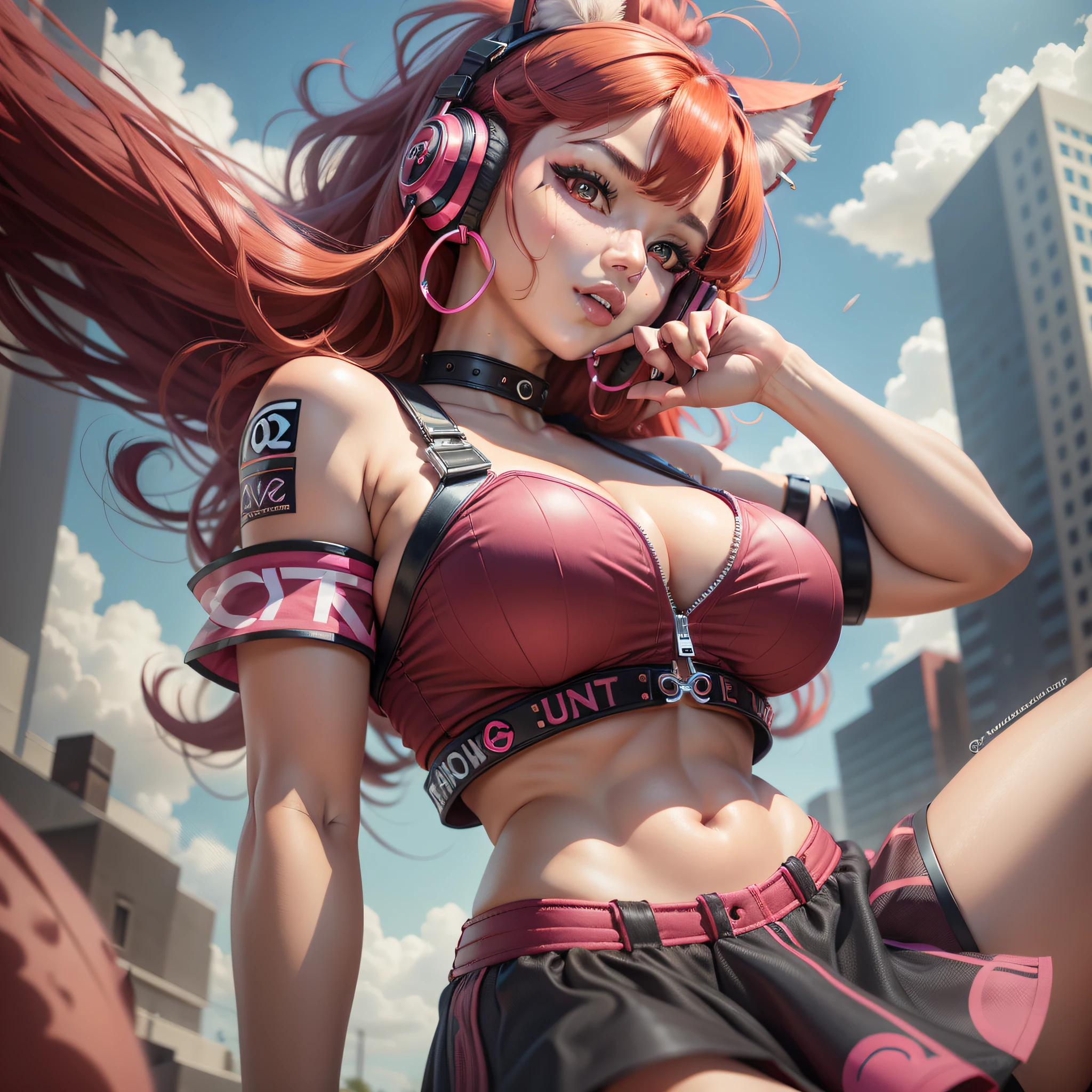 Big breasted girl, chanel red hair, wearing pink cat ear headset, brown skin, hoop earring on right ear, wearing skirt with built-in Lezy lace micro shorts with suplex, zippered skirt on the sides, wine red bra half drooping, looking at the viewer, vibrant red eyes, making victory sign with her fingers