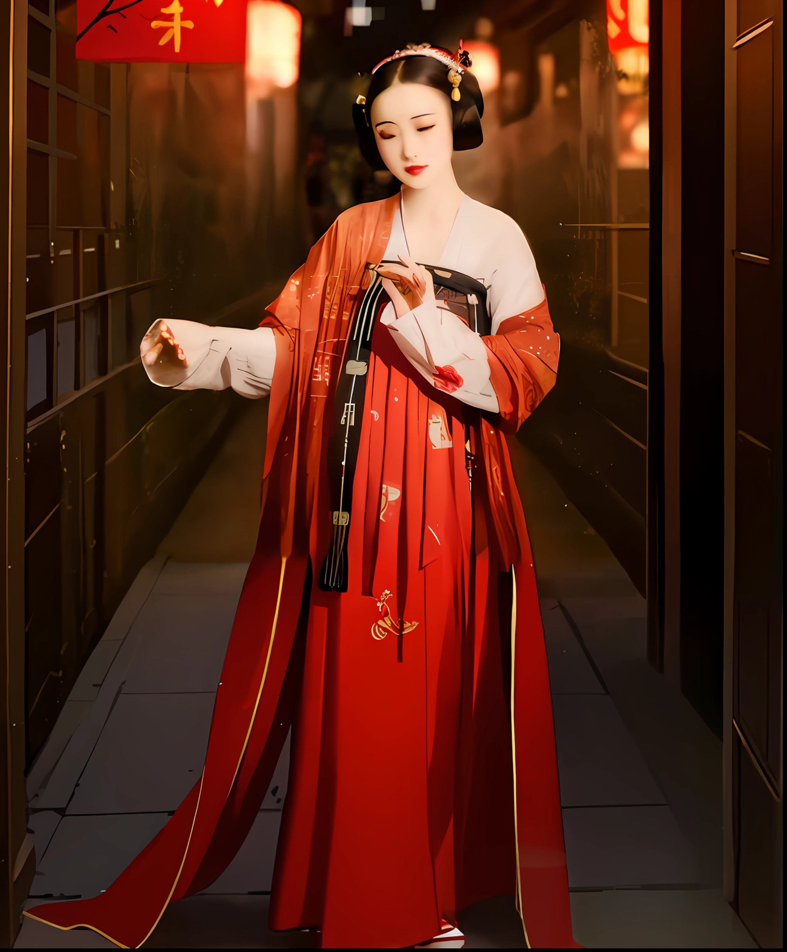 there is a woman in a red dress holding a piece of paper, palace , a girl in hanfu, ancient chinese princess, wearing ancient chinese clothes, hanfu, clothed in ancient street wear, chinese princess, with acient chinese clothes, ancient chinese beauties, geisha photo portrait, beautiful render of tang dynasty, chinese empress, chinese costume