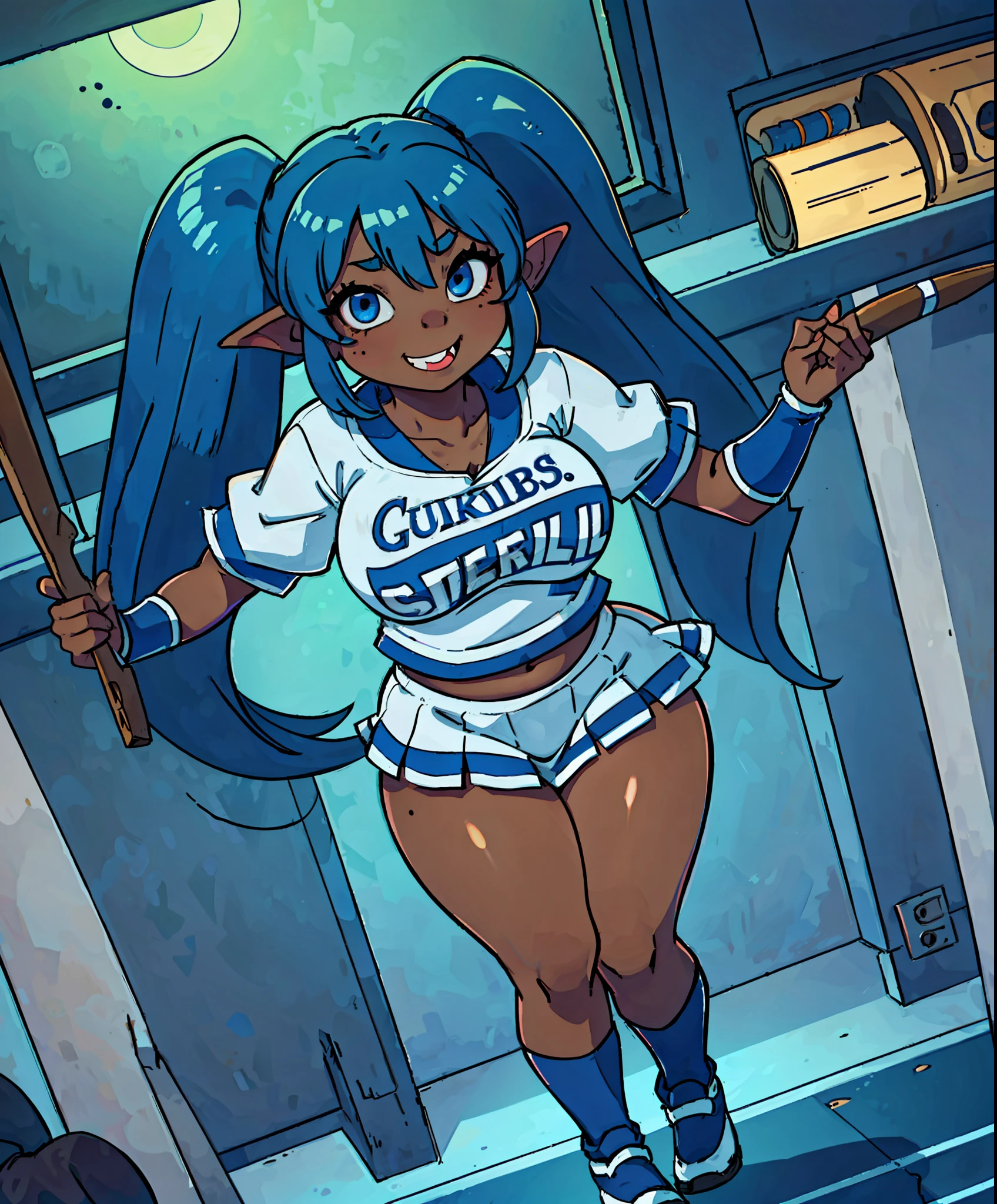 goblin, goblin girl, blue hair, very long hair, dark_ skin, dark skin goblin, wide body, very dark skin girl, small stature, cute goblin, busty, hair between eyes, twintails, chubby, chubby girl, chubby girl goblin, wide hips, blue eyes, mole, mole on chest, age up, lips, big lips, thick eyebrows, body with fur, tusk, short girl, short goblin girl twintails, short girl, highly detailed, high quality, best quality, 8k, full body, fat, smile, cheerleader, cheerleader girl, cheerleader goblin, entertainer girl, stadium