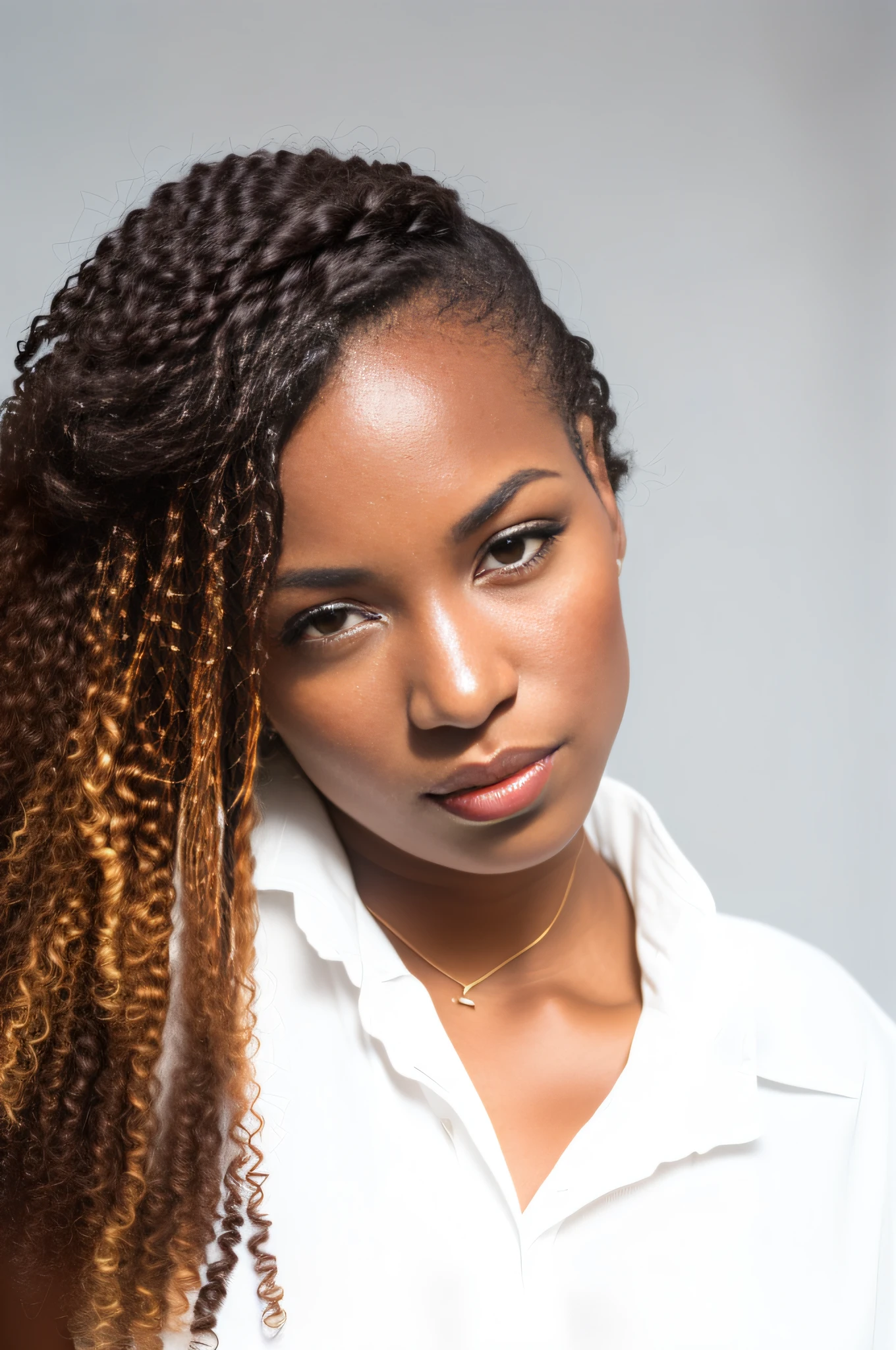 there is a woman with a white shirt and a brown and black hair, medium close up portrait, young black woman, close up portrait photo, portrait of ororo munroe, woman with braided brown hair, headshot portrait, photo of a black woman, acting headshot, headshot photo, closeup headshot, headshot photograph, closeup headshot portrait