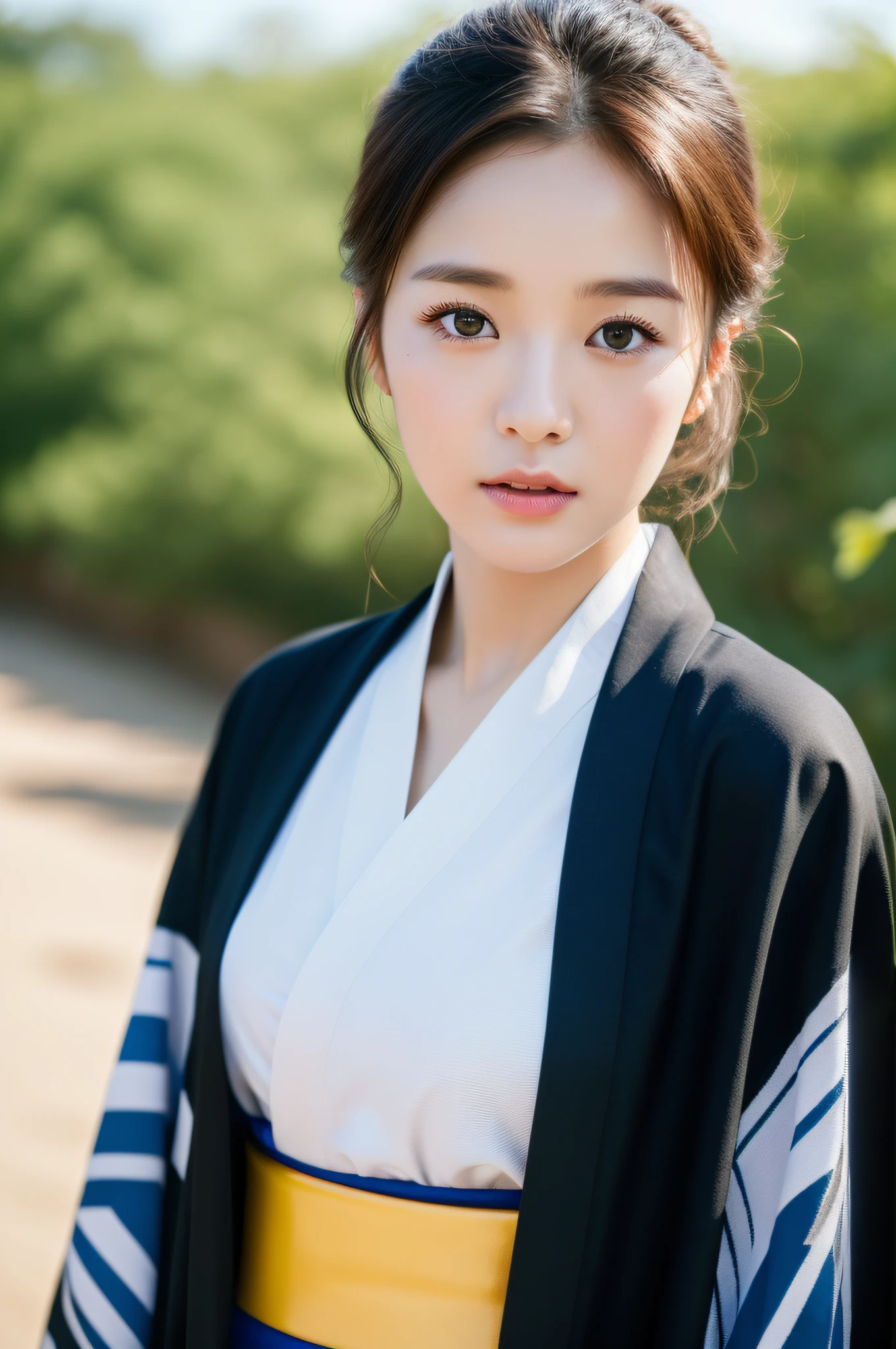 ((Best Quality, 8K, Masterpiece: 1.3)), Sharp Focus: 1.2, (Super Beautiful Face: 1.0), (Glossy Skin: 1.0), Realistic Photos, Black Hair, Realistic Pupils, Movie Lighting, Highly Detailed Eyes and Faces, Movie Lighting, (Cowboy Shot: 1.0), (Kimono, Hakama, Obi: 1.15), In Nature, (Korean Cute Actress)