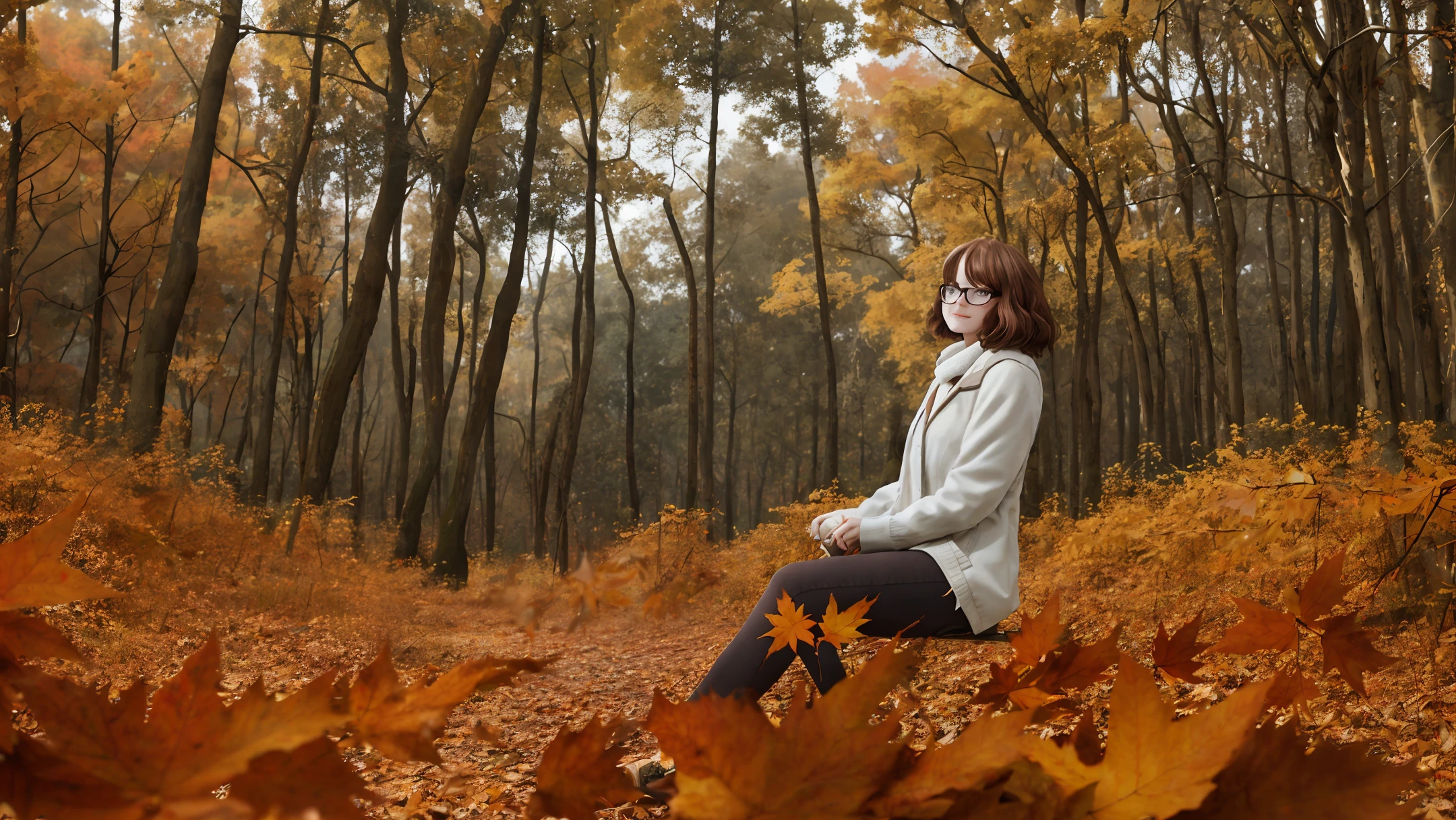 Realistic photo of a young white woman with short coppery brown hair with prescription glasses in the forest with autumn leaves on a cloudy day