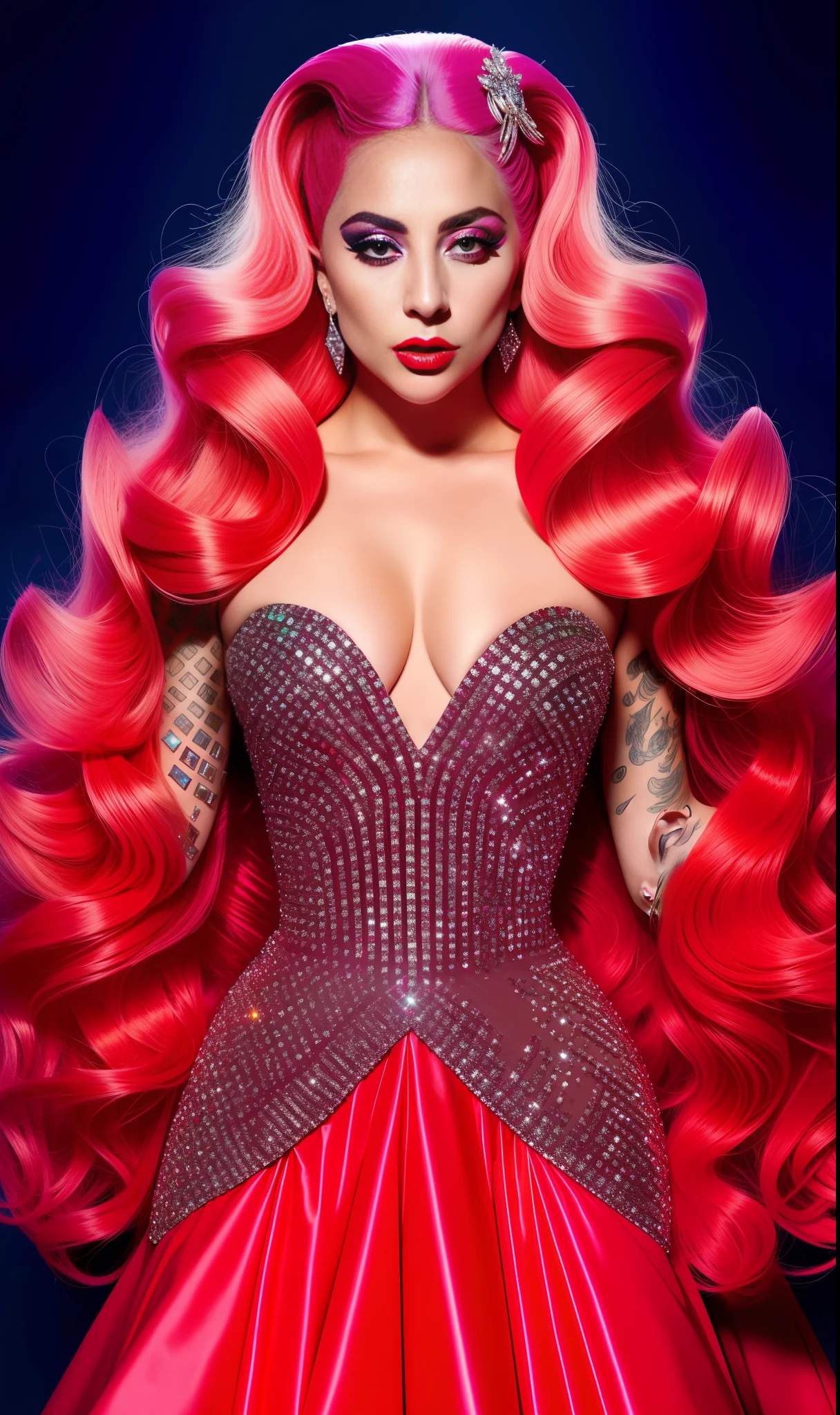 Photo of lady gaga with futuristic red dress full of diamonds, unique glasses, 4K texture, long hair, high quality, extravagant hairstyle, original album cover, colorful dress with diamonds, 8k image, futuristic, high image quality, at night, hair accessories, 8k image, realistic face in high quality, full body, different body poses