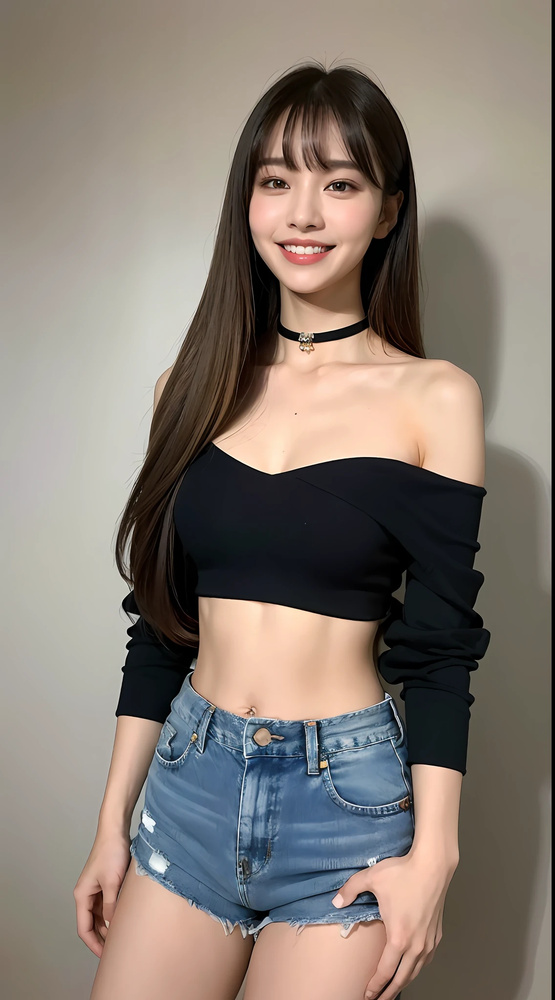 ((Night, Real Light, Top Quality, 8k, Masterpiece: 1.3)), 1 girl, Slender Figure: 1.4, Abs: 1.1, (Blonde Long Straight Hair, Beautiful: 1.3), Denim Shorts: 1.2, Off-Shoulder, White Studio, Ultra Detailed Face, Detailed Eyes, Double Eyelids, Navel Out, With Bangs, Pin Heels, Black Choker, Navel Piercing, Smile, White Teeth, Constriction emphasis