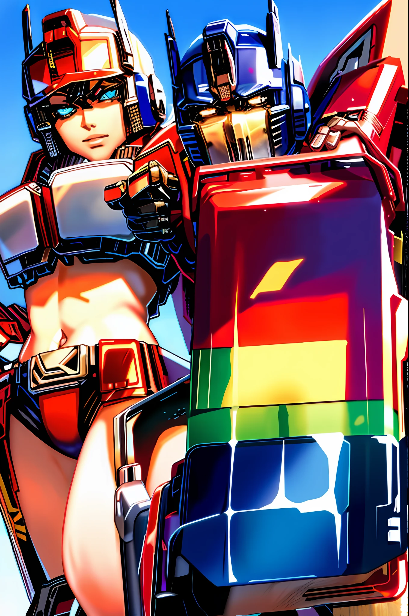 Optimus prime, pointing, with beutifull girls in sexy bikinis