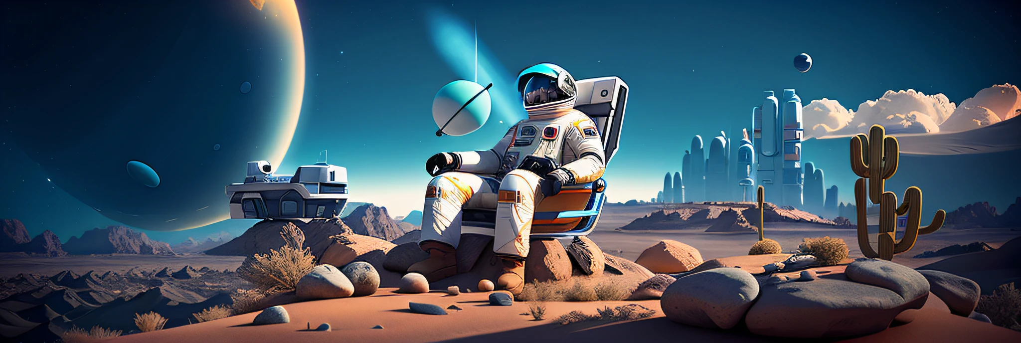 there is a man sitting on a rock in the desert, astronaut stranded on planet, futuristic astronaut, in the art style of filip hodas, an astronaut relaxing in space, in style of beeple, inspired by Mike Winkelmann, 3 d render beeple, inspired by Filip Hodas, 4k highly detailed digital art
