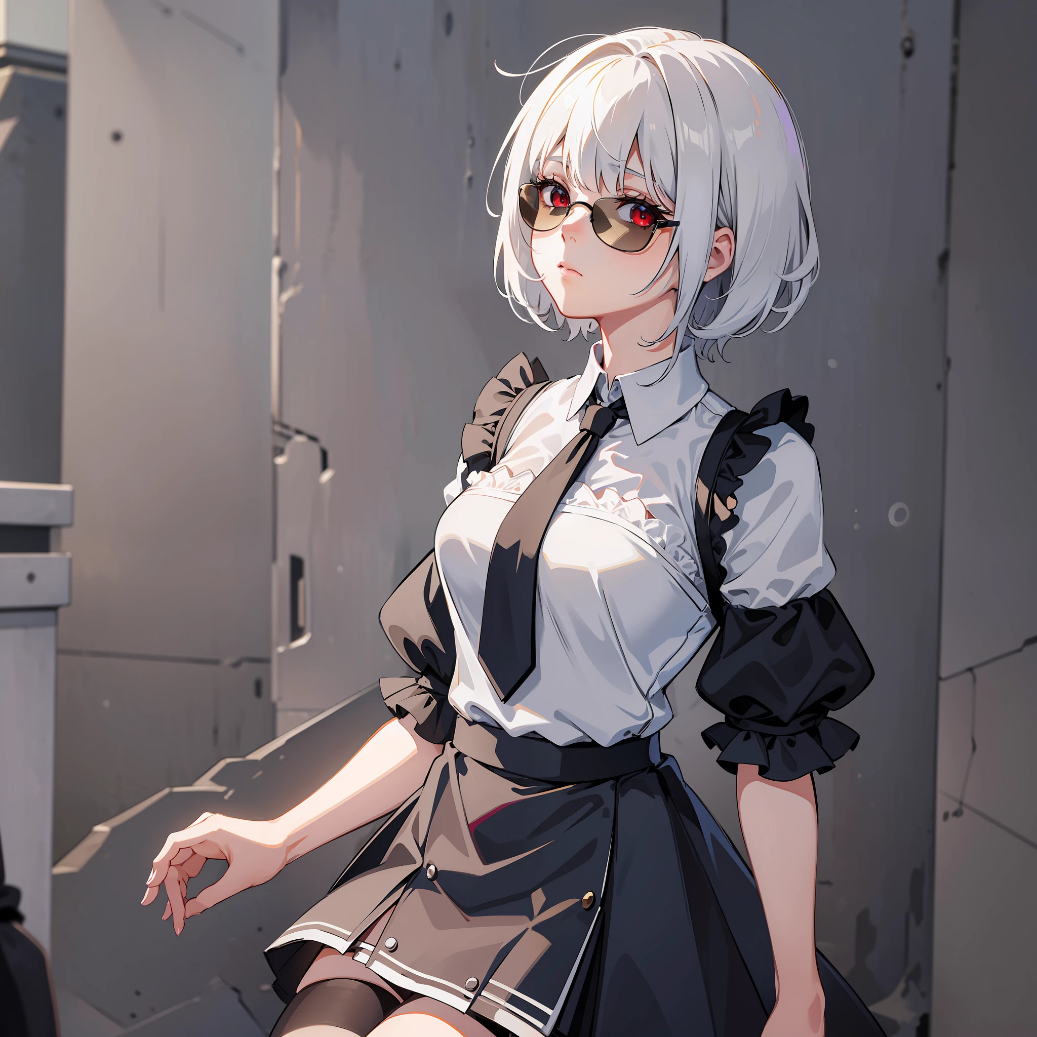 masterpiece, best quality, solo, (yorha no. 2 type b:1.14), (upper body:1.1), medium breasts, expressionless, 1girl, solo, (ruffling hair, messy hair:1.1), short hair, white hair, romantic setting, best quality, ultra detailed, 1girl, solo, standing, medium hair, blunt bangs does not look at the viewer, white shirt with tie, medium black skirt, beautiful thighs, legwear, red eyes, sunglasses