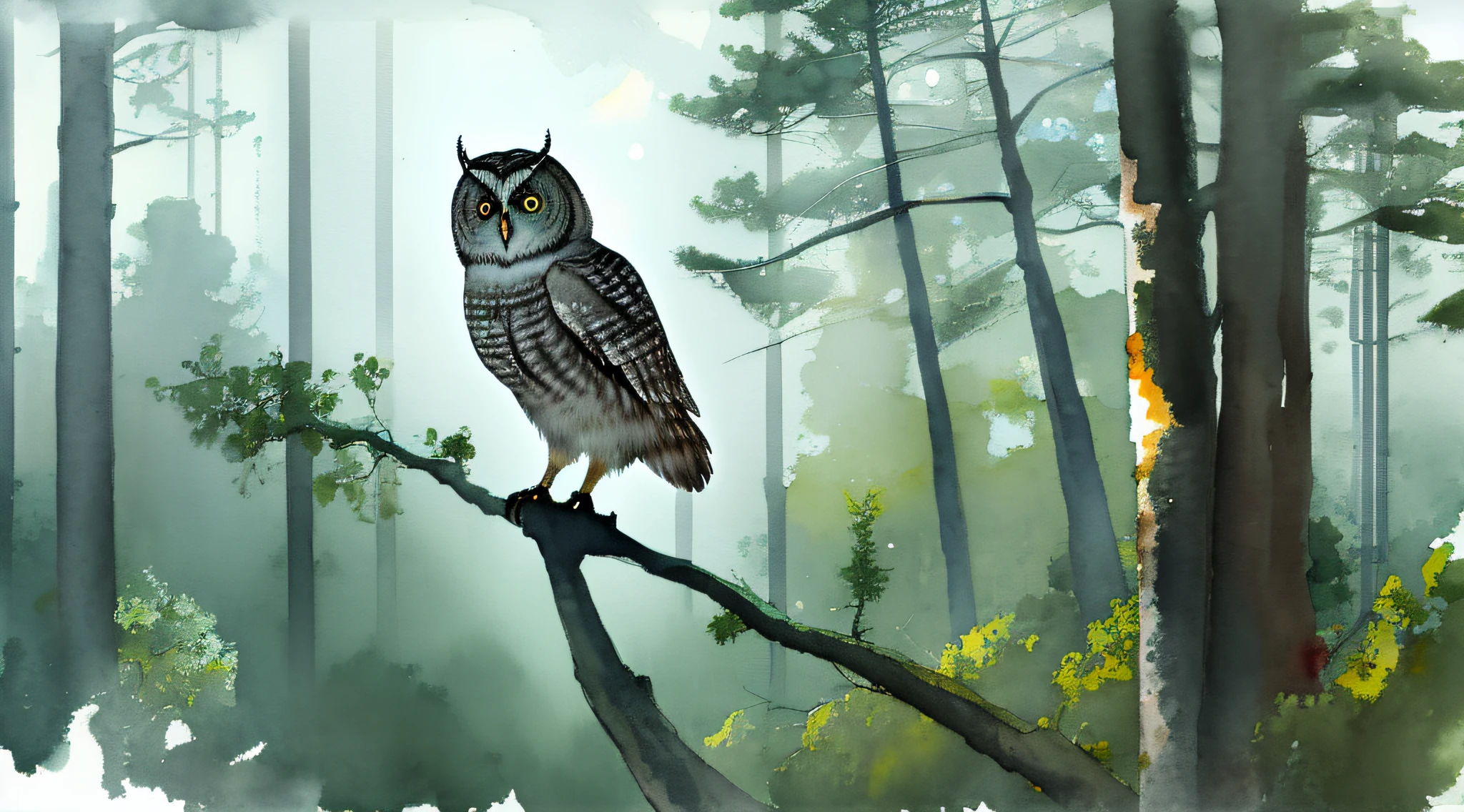 Painting, an old gray owl on a branch of a tree, in a forest, watercolor, night with starry sky, night image