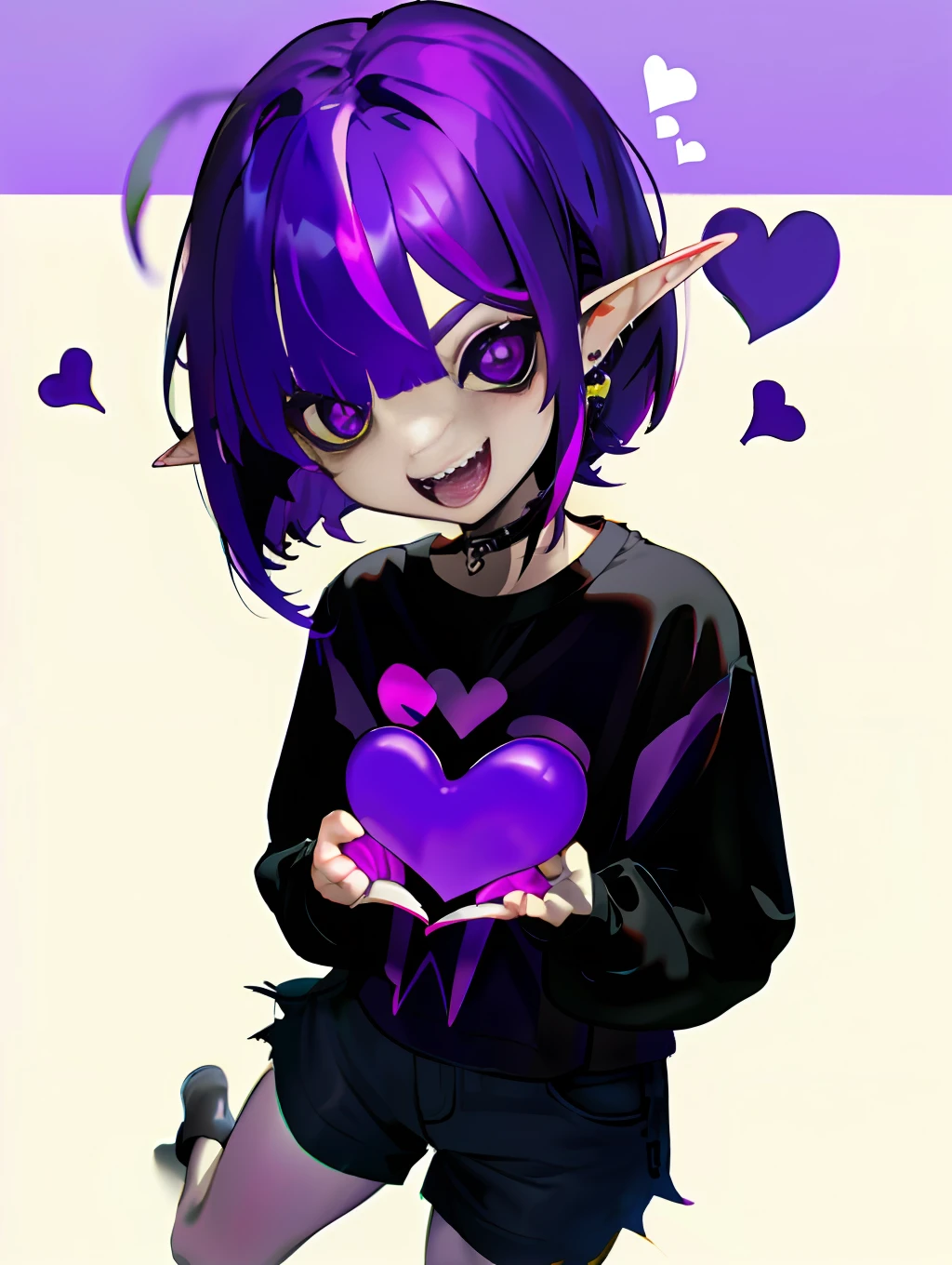 1girl, loli, solo,elf ears, heart shaped earrings, heart shaped pupils, short hair, ((purple hair)), a pink streak on the bangs, ((a gap between the teeth)), Long black t shirt, long sleeves,
shorts with chain, full body,((fangs))