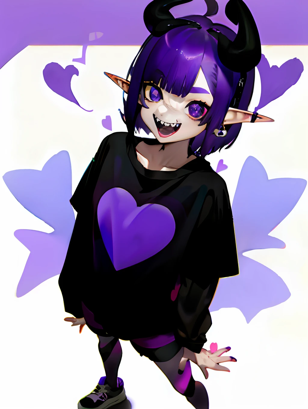 1girl, loli, solo,elf ears, heart shaped earrings, heart shaped pupils, short hair, ((purple hair)), a pink streak on the bangs, ((a gap between the teeth)), Long black t shirt, long sleeves, 
shorts with chain, full body,((fangs))