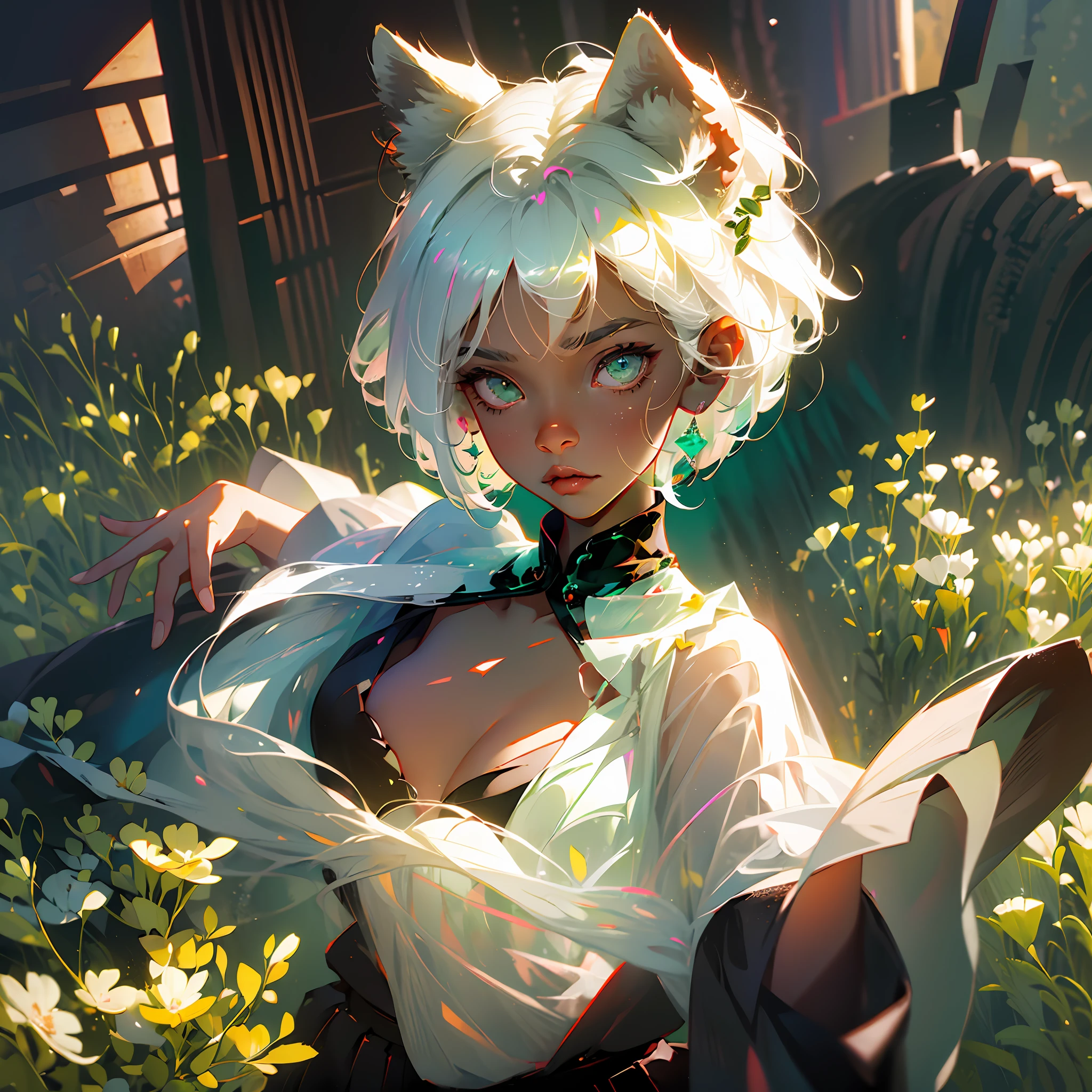 (boy, black hair, lion ears, green eyes, brown skin),(girl, white hair, rabbit ears, short hair, wide hips, small chest, skirt) --auto --s2
