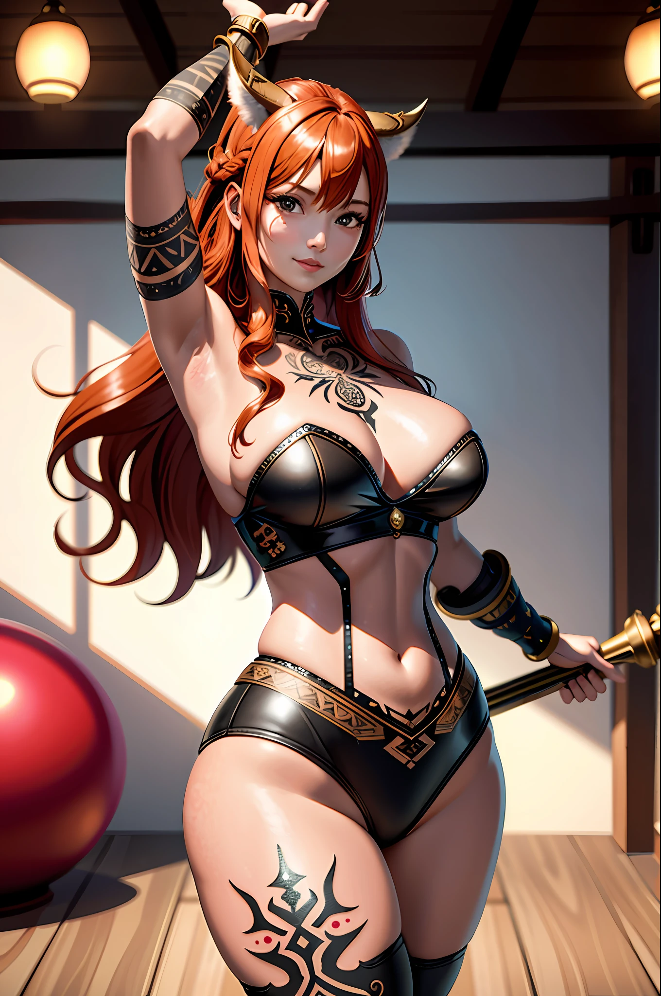 (masterpiece, best_quality, ultra-detailed, immaculate:1.3), epic, illustration, 1girl, cowboy shot, grinning barbarian archer, (muscular:1.1), leather armor, fur pauldrons, , (tribal tattoos:1.4), pastel ginger hair, half updo,Tight Curlsleather cloak, yoga, japanese, at a minuscule zoo ("at the ultimate hypergate, Motion blur":1.2), in a festive room, bombshell hair, copper hair, long bombshell hair, arm support
