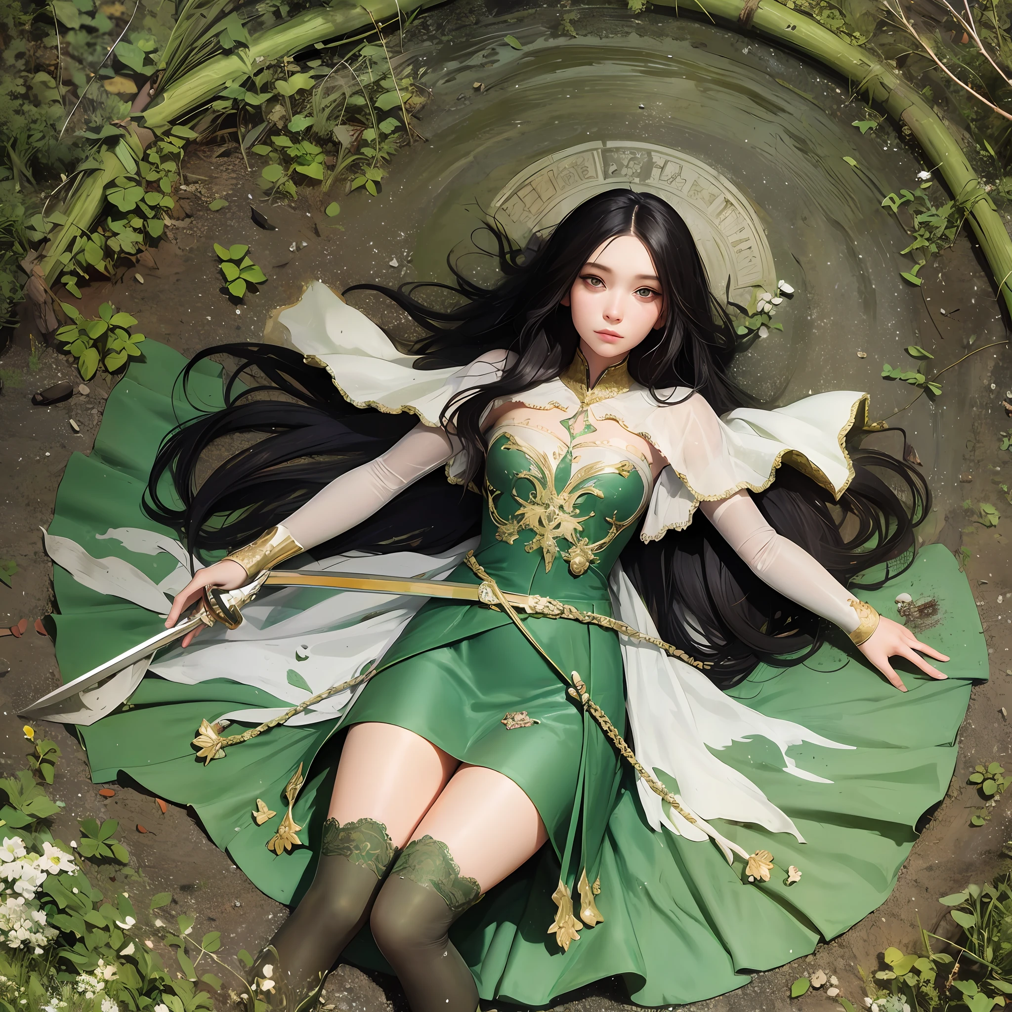 Battlefield of the Middle Ages filled with bodies on the ground, woman in the middle with long black hair eyes green as emerald, white dress torn and dirty, sword on the ground --auto --s2