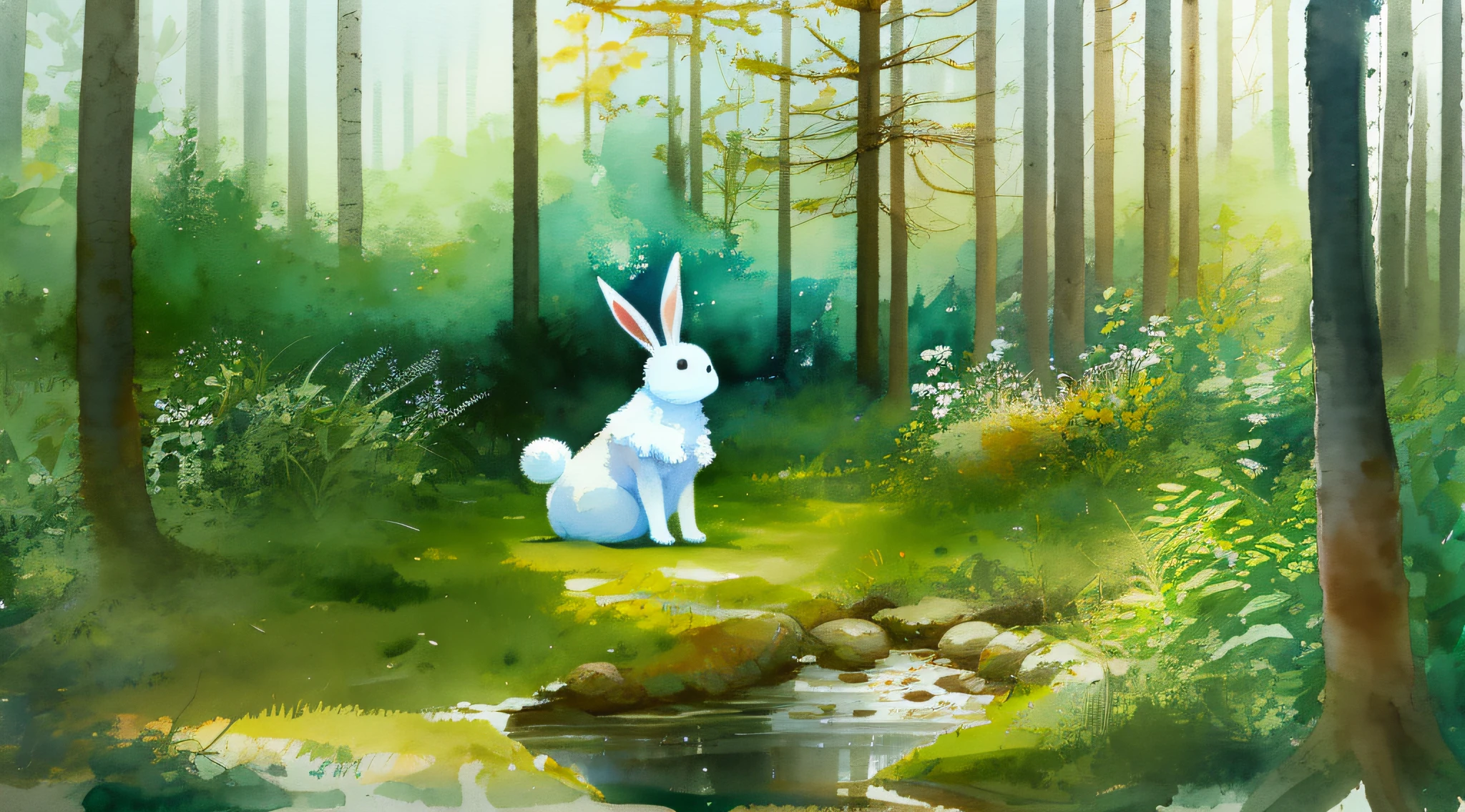 painting, a cute white rabbit, in a woods, watercolor, sunny
