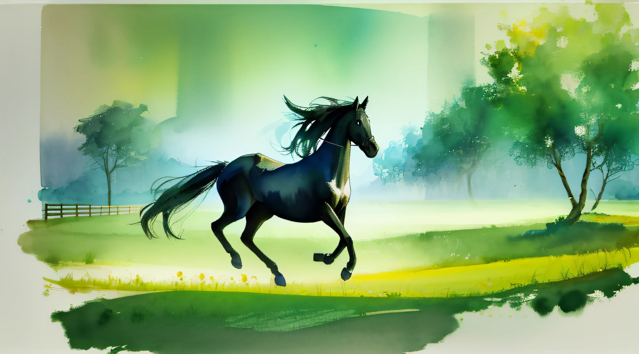 Painting of a black horse walking in a green field, watercolor, perfect anatomy, sunny