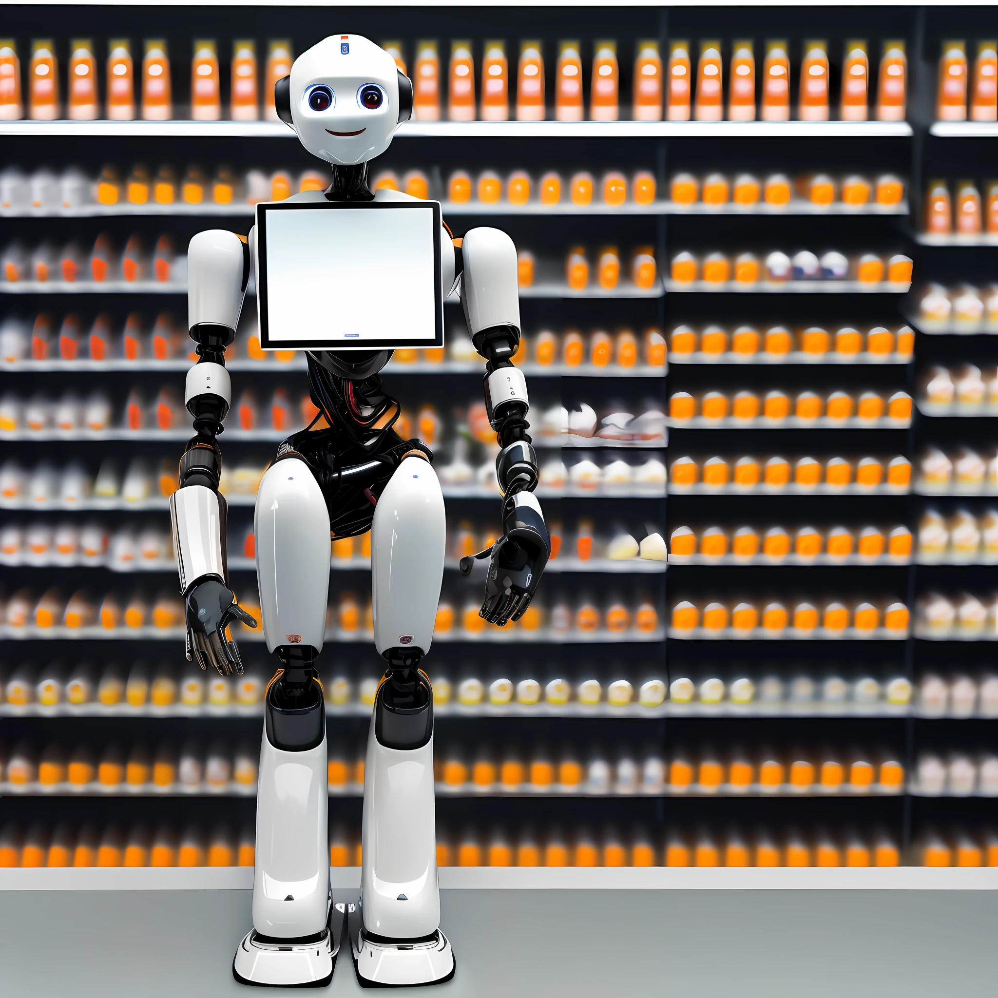 (a masterpiece:1), unsurpassed quality, ultra detailed, humanoid robot (scuffedrobotics:1) on a modern store counter, orange wall, white shelves, colorful products on the shelves, super realistic, symmetrical, impressive.