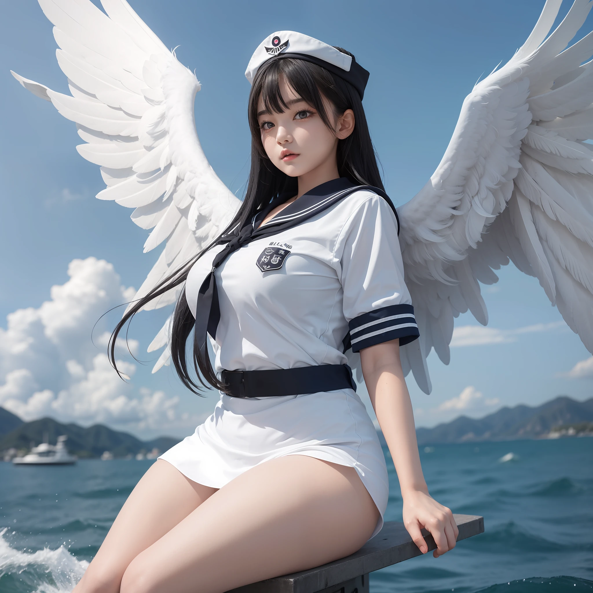 Best image quality, SLR, 1 girl (), big (1.55), sailor suit, big wings (1.5), white wings, best body, Japan, gray hair, plump figure, symmetry, beautiful feathers
