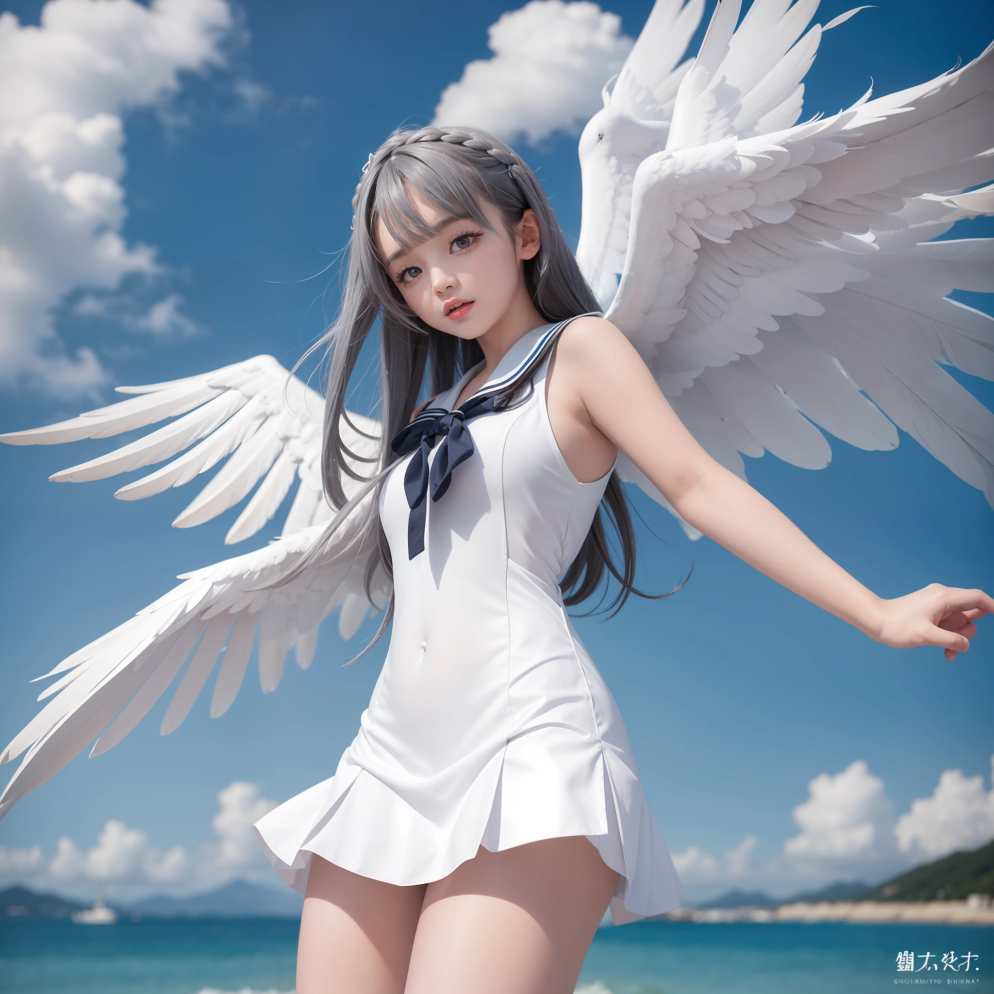 Best image quality, SLR, 1 girl (15 years old), big (1.55), sailor suit, big wings (1.5), white wings, best body, Japan, gray hair, plump figure, symmetry, beautiful feathers