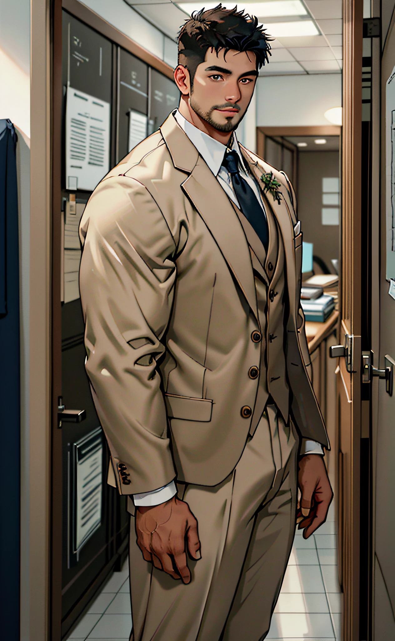 best quality, masterpiece, super high resolution, detailed background, realism, Illustrations, single, 1 boy, office, bara, bear, volumetric lighting, depth of field, facial hair, , crew cut, (white clothes), standing, formal clothes, no beard, asian