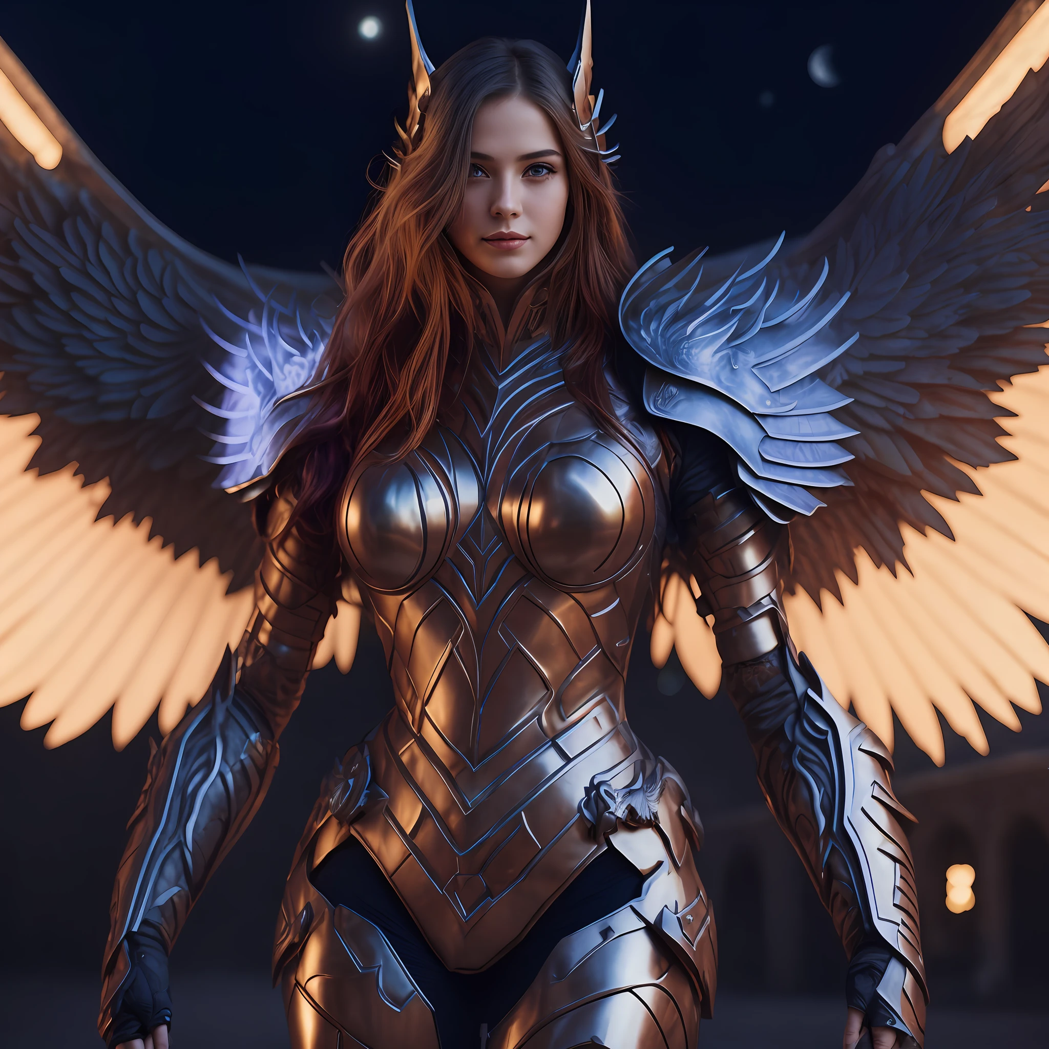 (RAW photo, best quality), (realistic, photo-realistic:1.2), a close up portrait photo,1girl,((holding weapon)),((white angel wings)),Castle, outdoor, smile, (high detailed skin:1.4), Moon, moon light, closer moon, big moon, soft lighting, high quality,fair skin, busty breasts, looking at viewer, straight-on,full body,depth of field,colorful star trails,gothic architecture,photorealistic,oil painting (medium) ,solo,long_hair,pink_hair_grey_eyes,eye contact,standing,tying hai,1girl,silver armor,((holding weapon)),((white angel wings)),feathers,valkyrie, winged helmet,cape ,ornate,smile,extremely detailed,(masterpiece, best quality:1.2),valkyrie,
