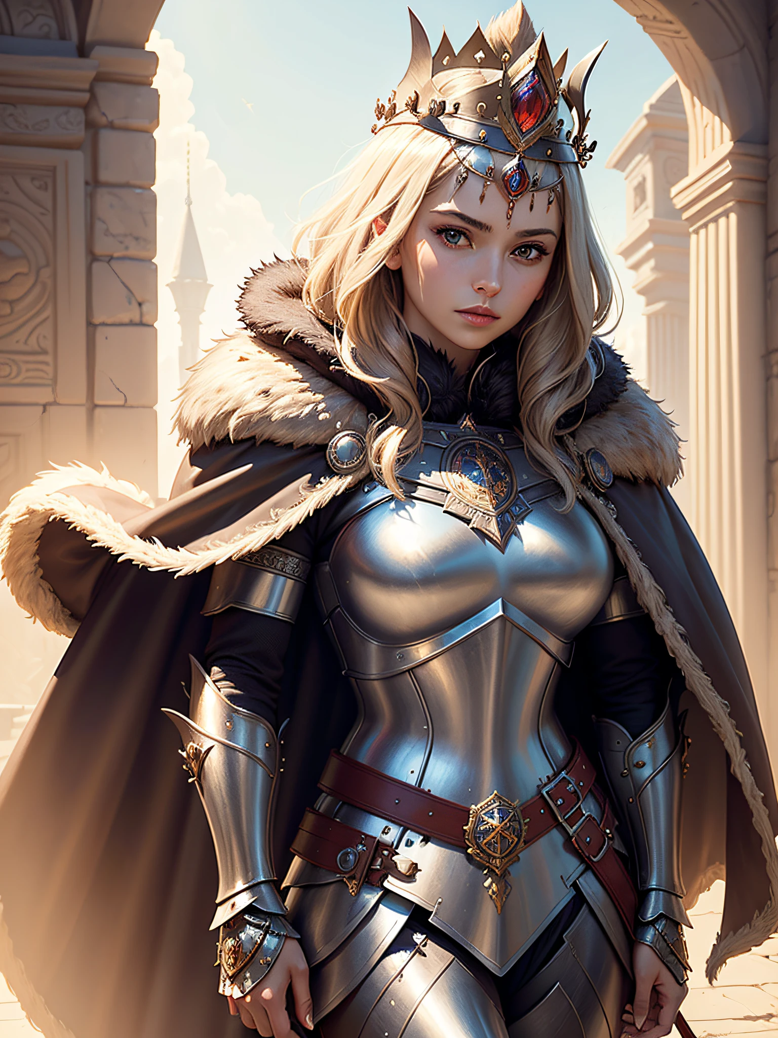 (masterpiece, top quality, best quality, official art, beautiful and aesthetic:1.2), (1girl), (warrior queen armor, fur-lined cape, jeweled crown:1.2),serious