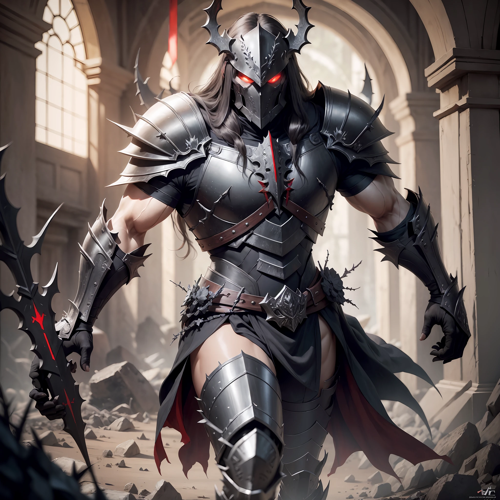 realistic photography, a dark warrior, armor with black thorns, red details, extremely white skin, helmet with skull details, lean body, defined muscles, full body, best quality, 8k, HDR, long hair, clawed gloves.