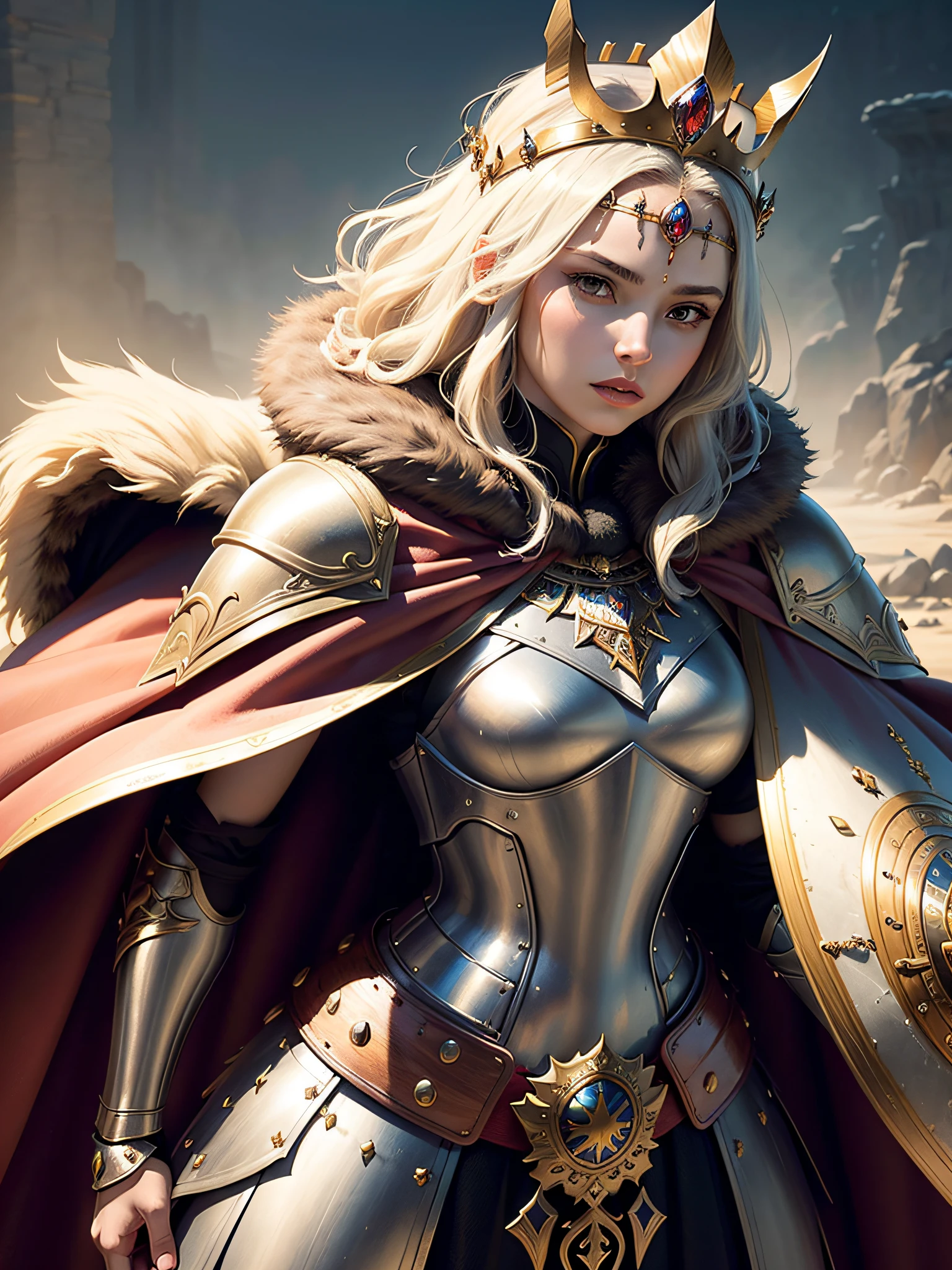 (masterpiece, top quality, best quality, official art, beautiful and aesthetic:1.2), (1girl), (warrior queen armor, fur-lined cape, jeweled crown:1.2),serious