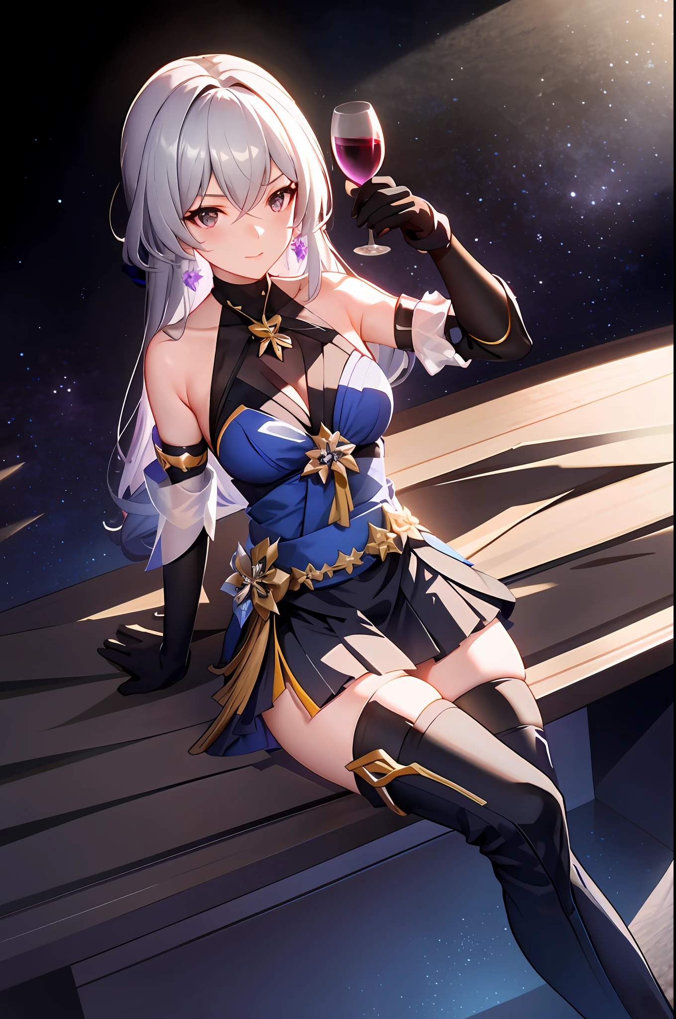 Bronya, honkai star rail, 1girl, alcohol, alternate costume, armlet, bare shoulders, black background, black dress, black gloves, black thighhighs, breasts, cleavage, criss-cross halter, cup, dress, drinking glass, flower, gloves, gradient background, hair between eyes, purple earing, halterneck, holding, holding cup, large breasts, long hair, looking at viewer, silver short nails, see-through gloves, solo, thighhighs, thighs, wine, wine glass, ((masterpiece)) black pleated skirt, sitting,