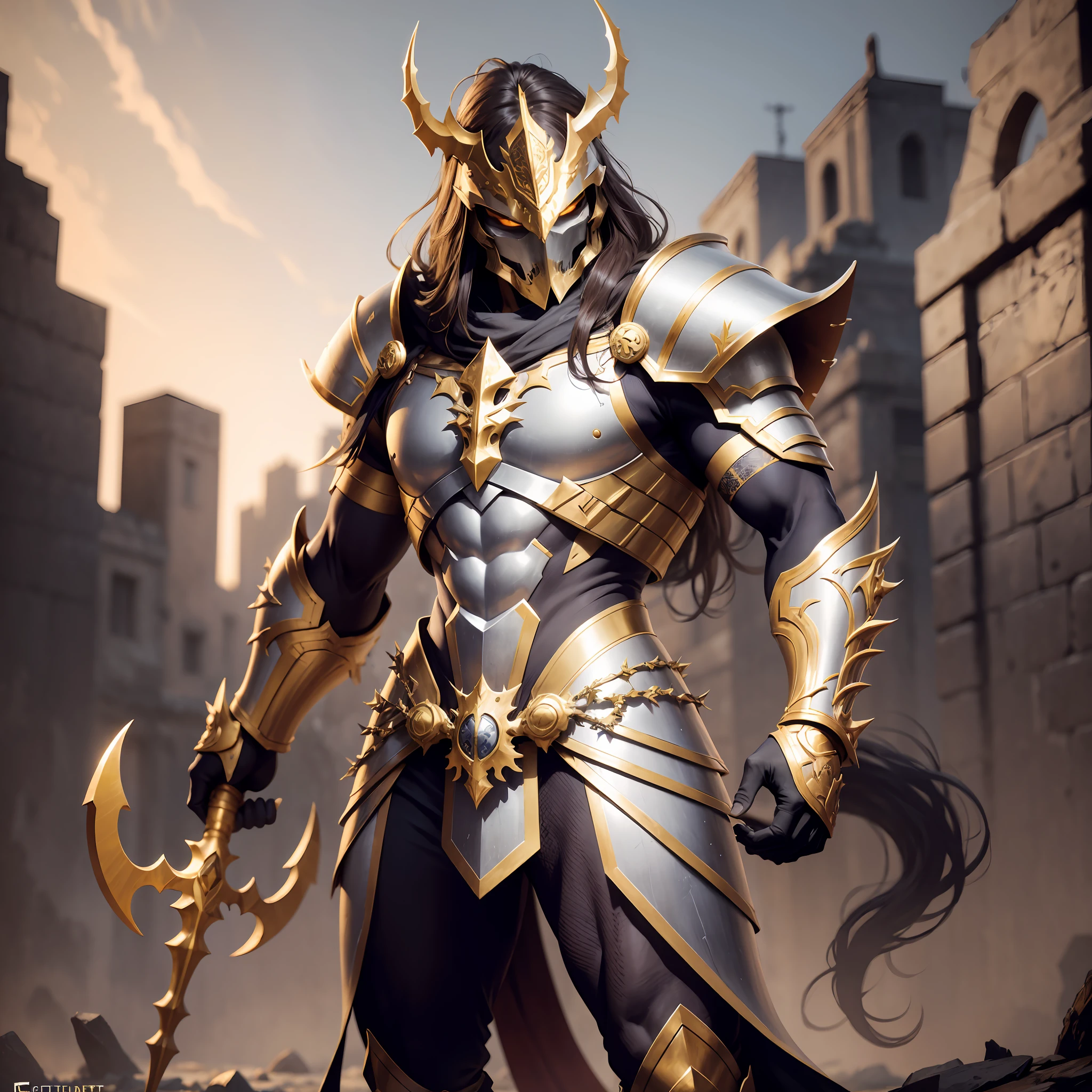realistic photography, a Ceslestial warrior, armor with golden thorns, golden details, white skin, helmet with skull details, lean body, defined muscles, full body, best quality, 8k, HDR, long hair, clawed gloves.