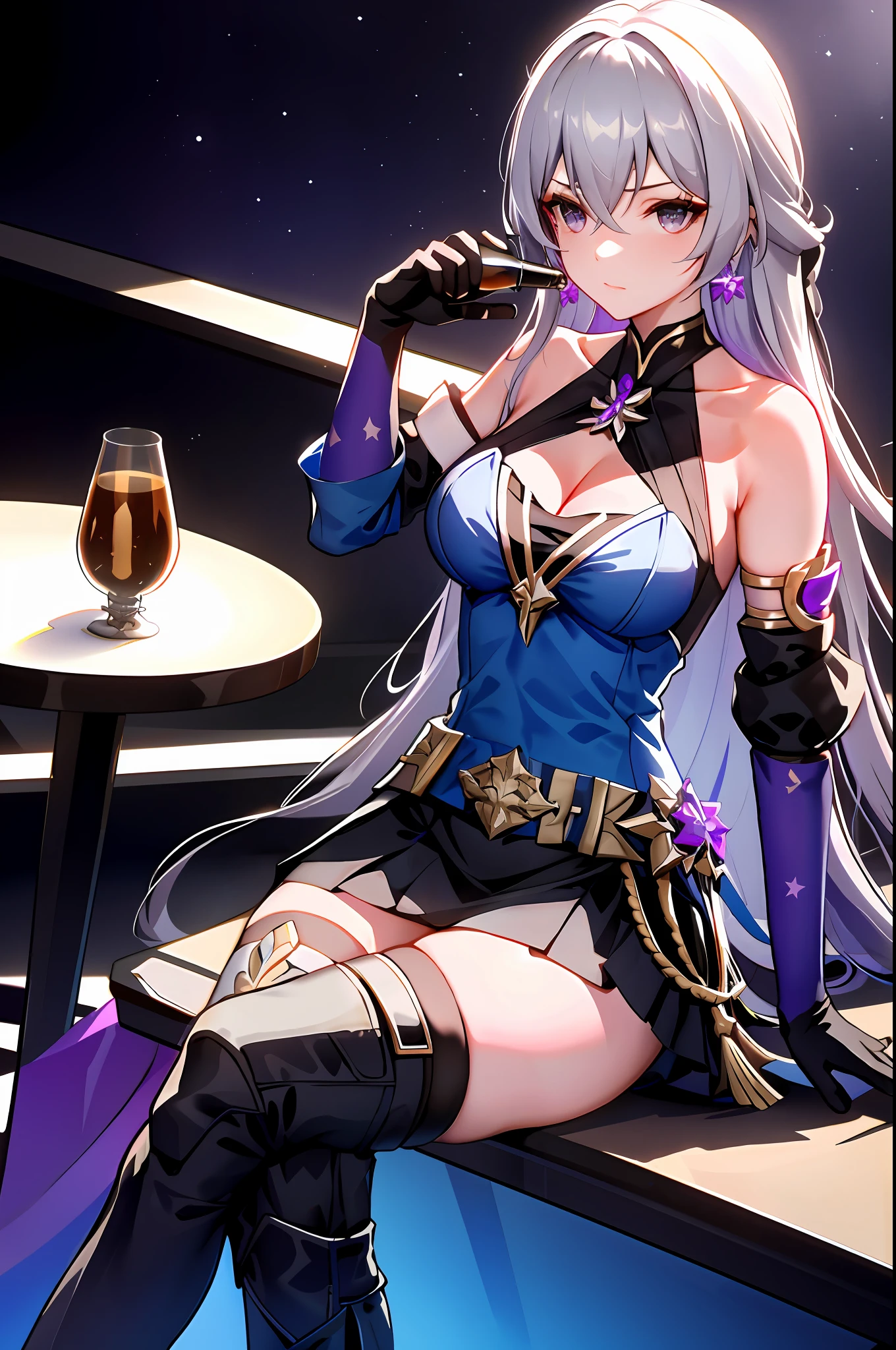 Bronya, honkai star rail, 1girl, alcohol, alternate costume, armlet, bare shoulders, black background, black dress, black gloves, black thighhighs, breasts, cleavage, criss-cross halter, cup, dress, drinking glass, flower, gloves, gradient background, hair between eyes, purple earing, halterneck, holding, holding cup, large breasts, long hair, looking at viewer, silver short nails, see-through gloves, solo, thighhighs, thighs, wine, wine glass, ((masterpiece)) black pleated skirt, sitting,