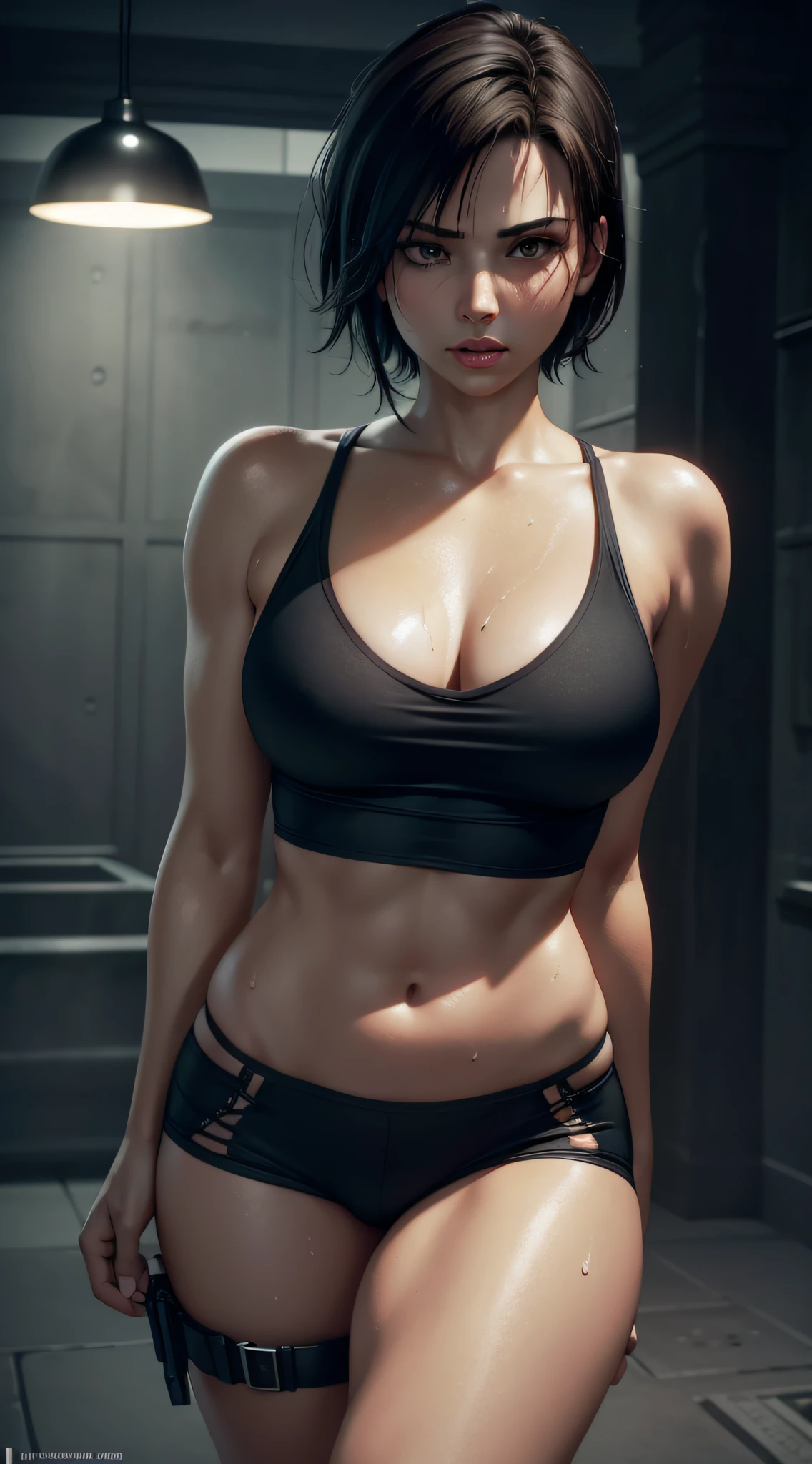 RAW photograph, best quality, masterpiece, an extremely beautiful, extremely detailed, unity, 8k wallpaper, Amazing detailed, finely detailed, masterpiece, best quality, official art, extremely detailed CG unity 8k wallpaper, ultra-detailed, highres, extremely detailed, clear, focused, (best quality), (realistic, photo-realistic:1.6), 8k, bright lighting, high quality, cinematic lighting, 1girl, centered, full body, short black hair, (sweat:1), perfect fingers, tomb raider