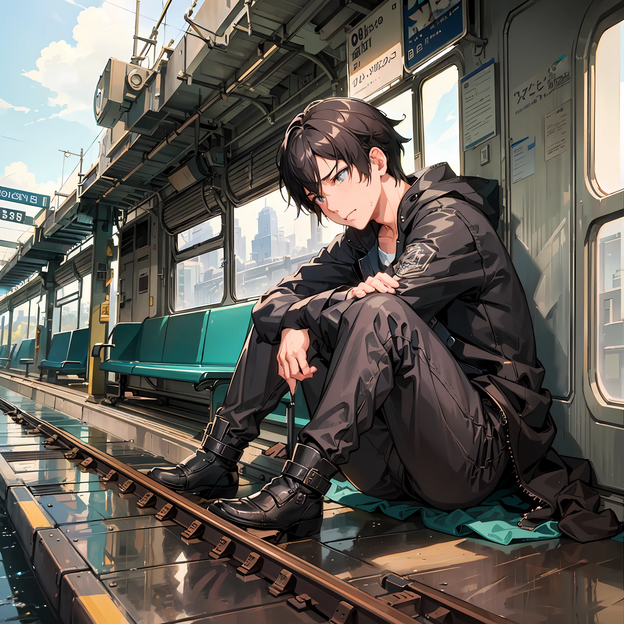 A highly detailed matte painting of a man sitting on a train track with a sad and crying face, by Makoto Shinkai, by Artgerm, by WLOP, by Greg Rutkowski, volumetric lighting, octane rendering, 4K resolution, trend in ArtStation, Masterpiece --auto --s2