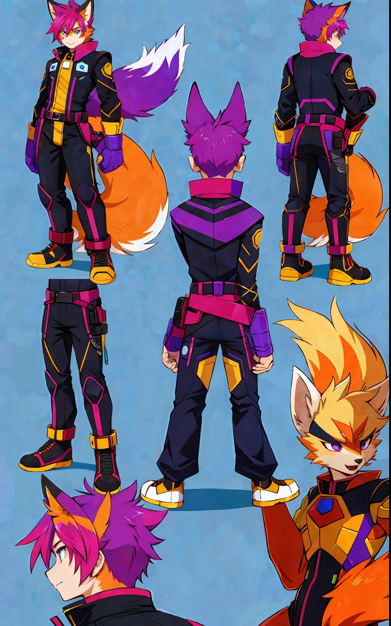 glitchcore, oc design, original character, male, androgenous, unique design, unique hair, fullbody, back and front view, comprehensive viewage, reference sheet, weirdcore, comic artstyle, manga artstyle, expirimental artstyle, modern clothes, scenecore aesthetic, action pose, kitsune anthro, regulus furry, tall