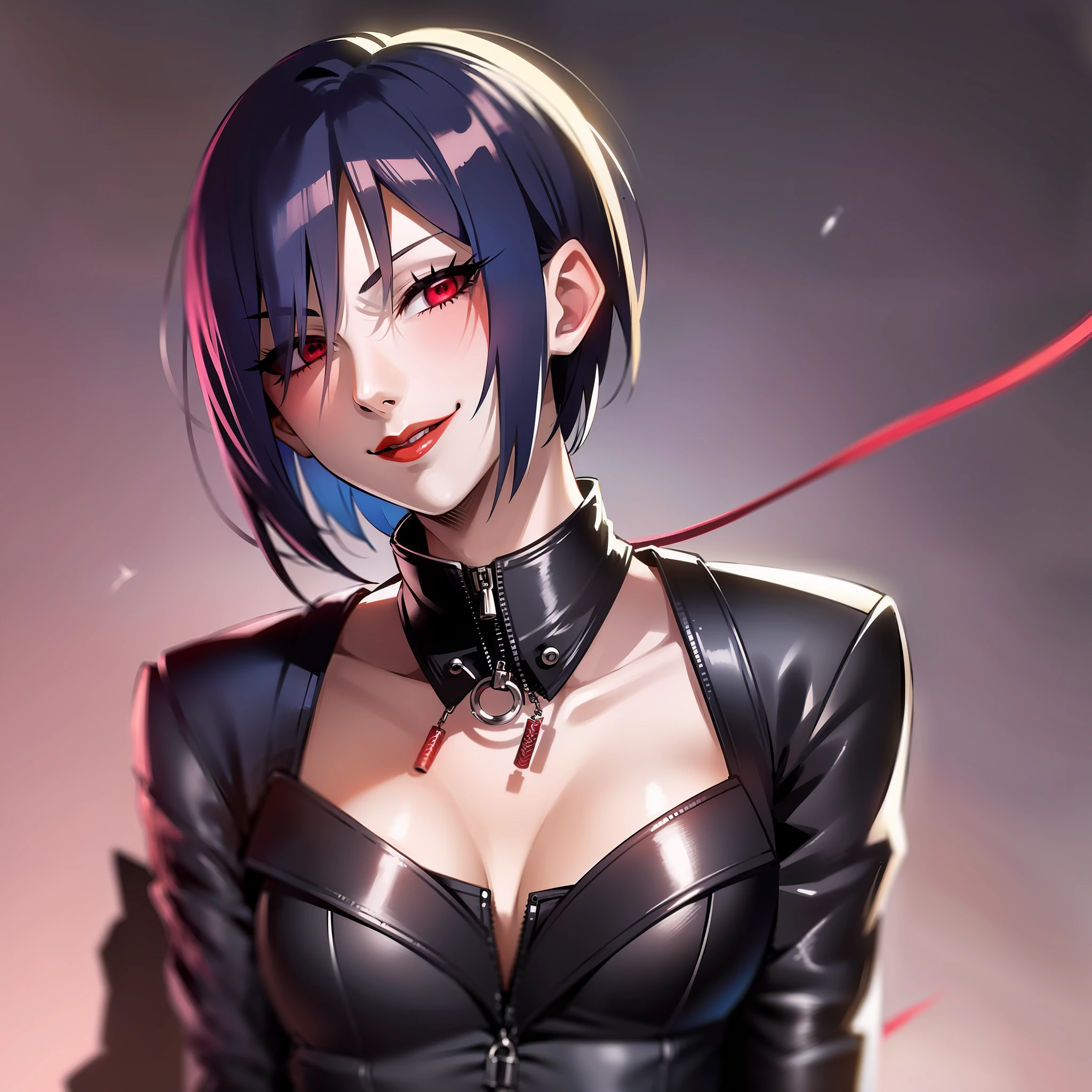 Adult woman, short blue hair, sinister smile, small red clothings, using a long and heavy black jacket, red lipstick, using a spiked leash, muscular body, white leather gloves