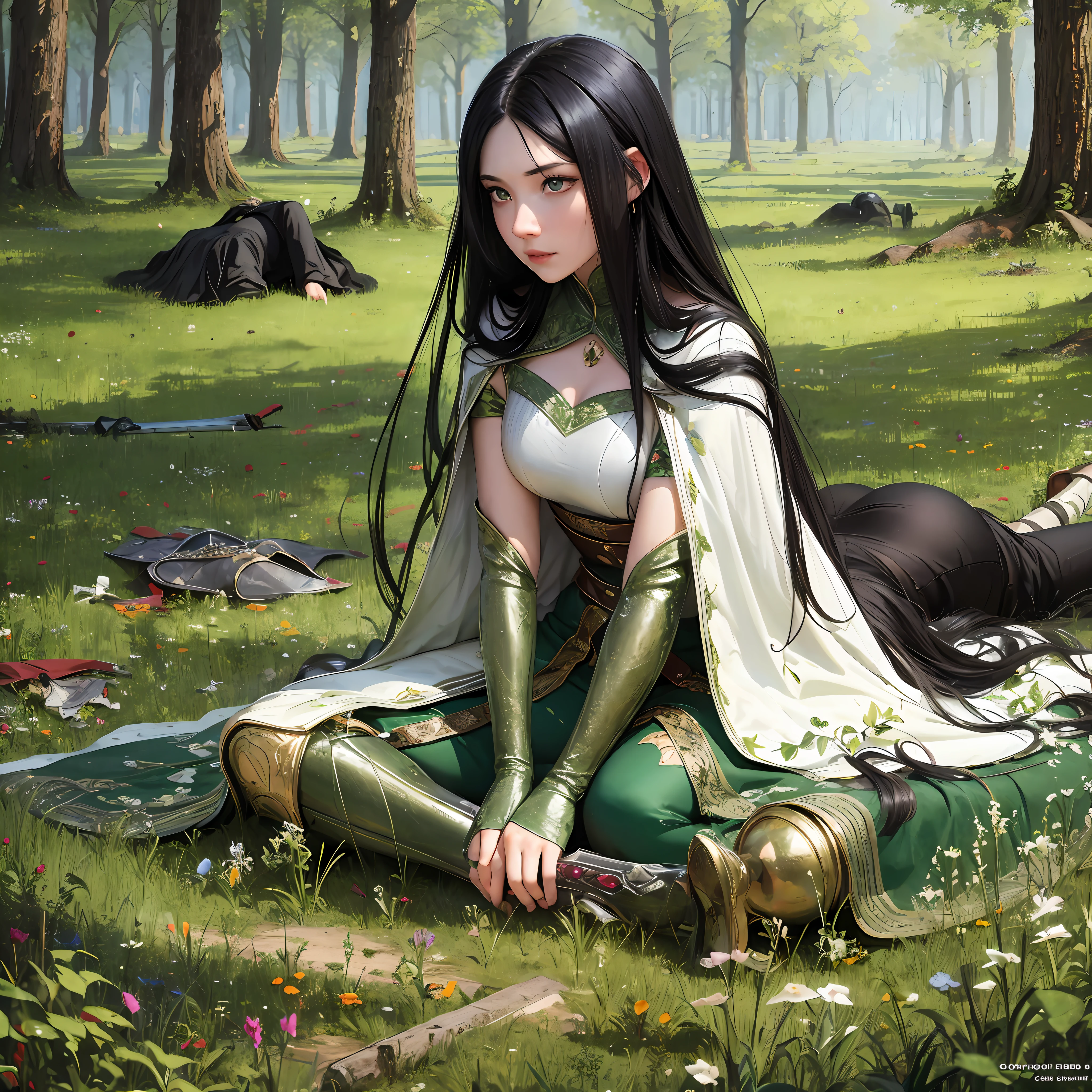 Battlefield of the Middle Ages filled with bodies on the ground, woman in the middle with long black hair eyes green as emerald, white dress torn and dirty, sword on the ground --auto --s2