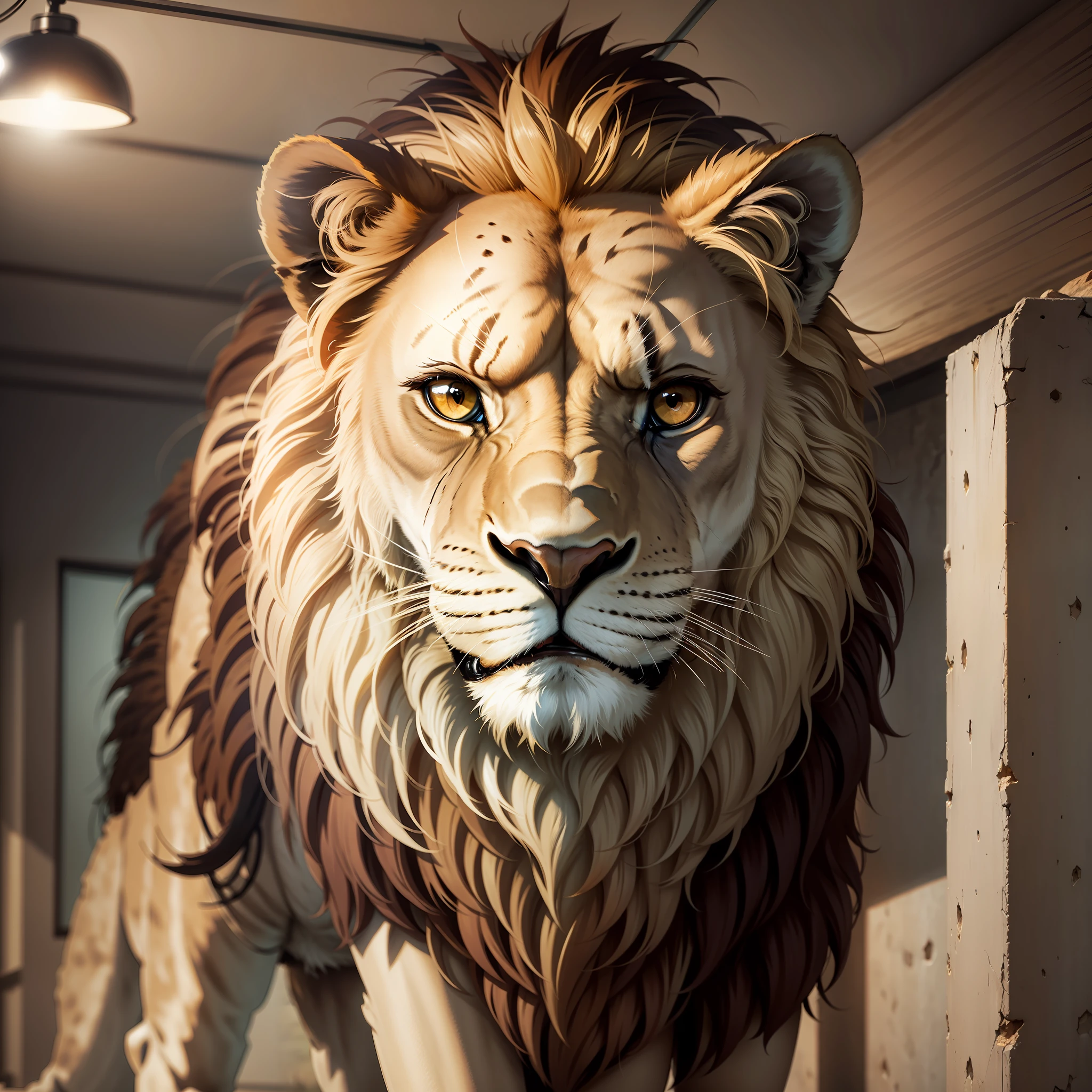 An imposing lion, realistic, in a savannah, special cinema lighting, FHD