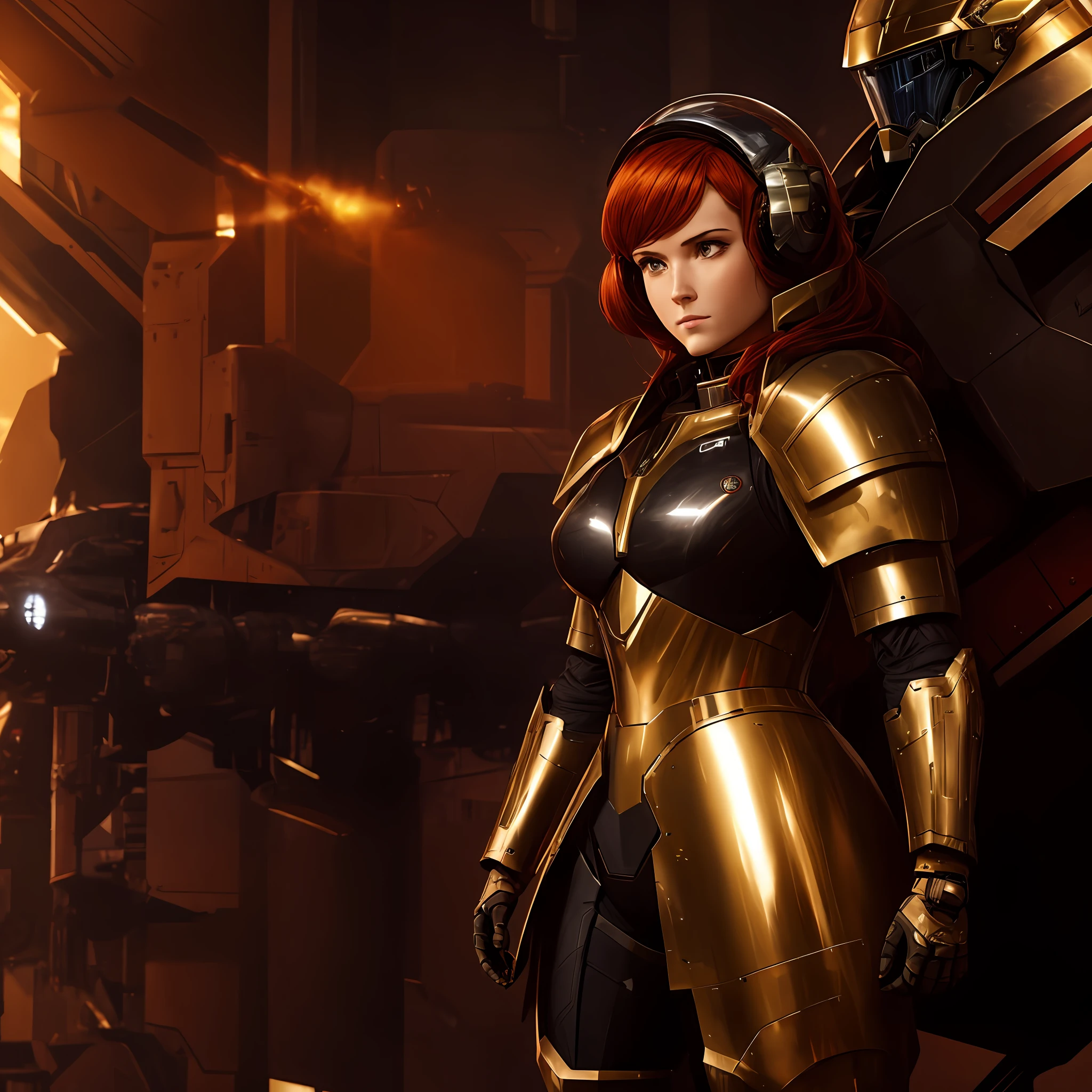 Sci-fi armor with armored dress, heavy cyberspace armor with armored dress, robotic mechsuit with human pilot, power suit with female pilot, armored suit dress with dress red-head female pilot, tall female pilot with red hair wearing heavy plate armor dress, large dress, large queen dress