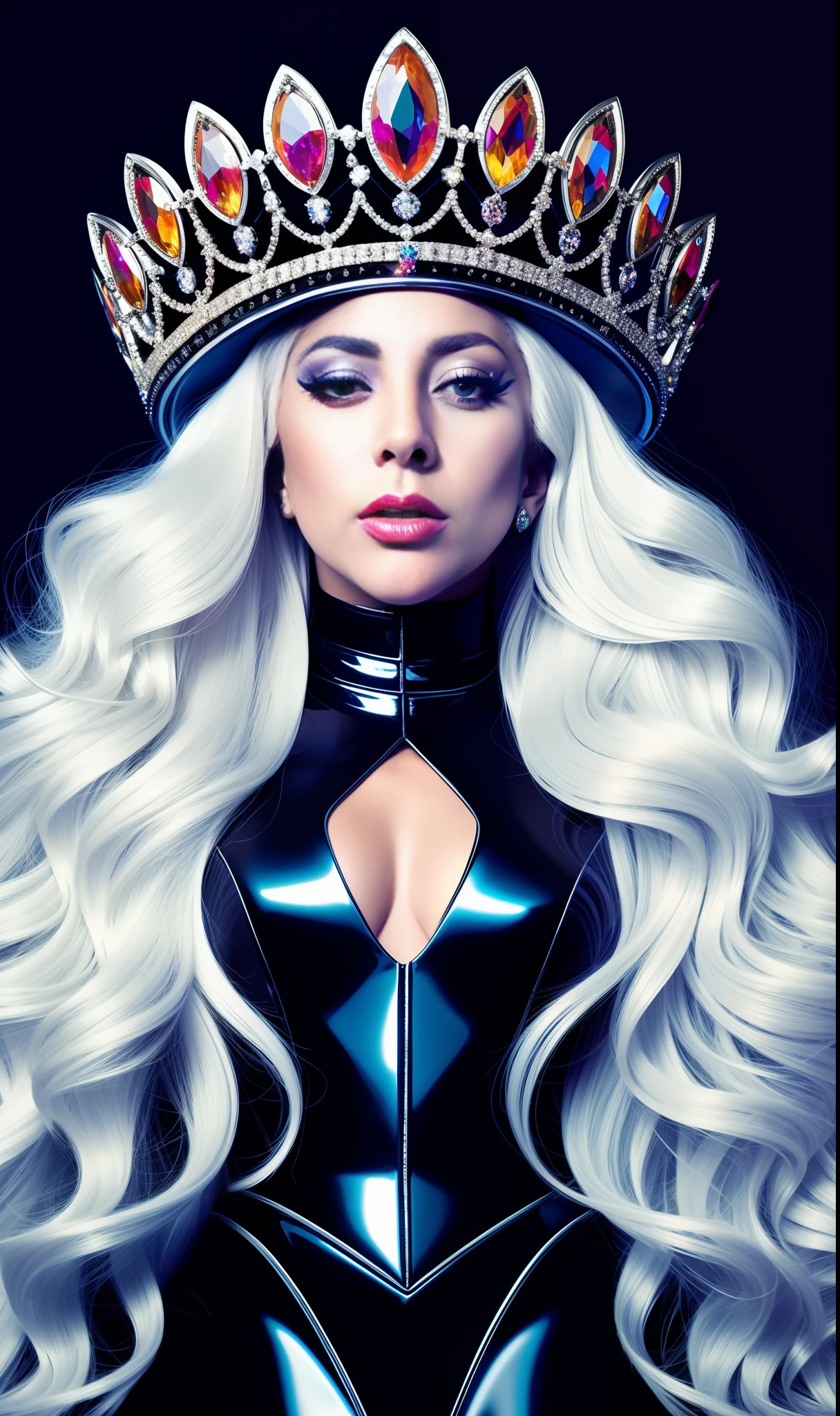 Photo of lady gaga Queen with a crown with black futuristic dress, 4K texture, long hair, high quality, extravagant hairstyle, original album cover, colorful dress with diamonds, 8k image, futuristic, high image quality, at night, hair accessories, 8k image, realistic face in high quality, full body, different body poses