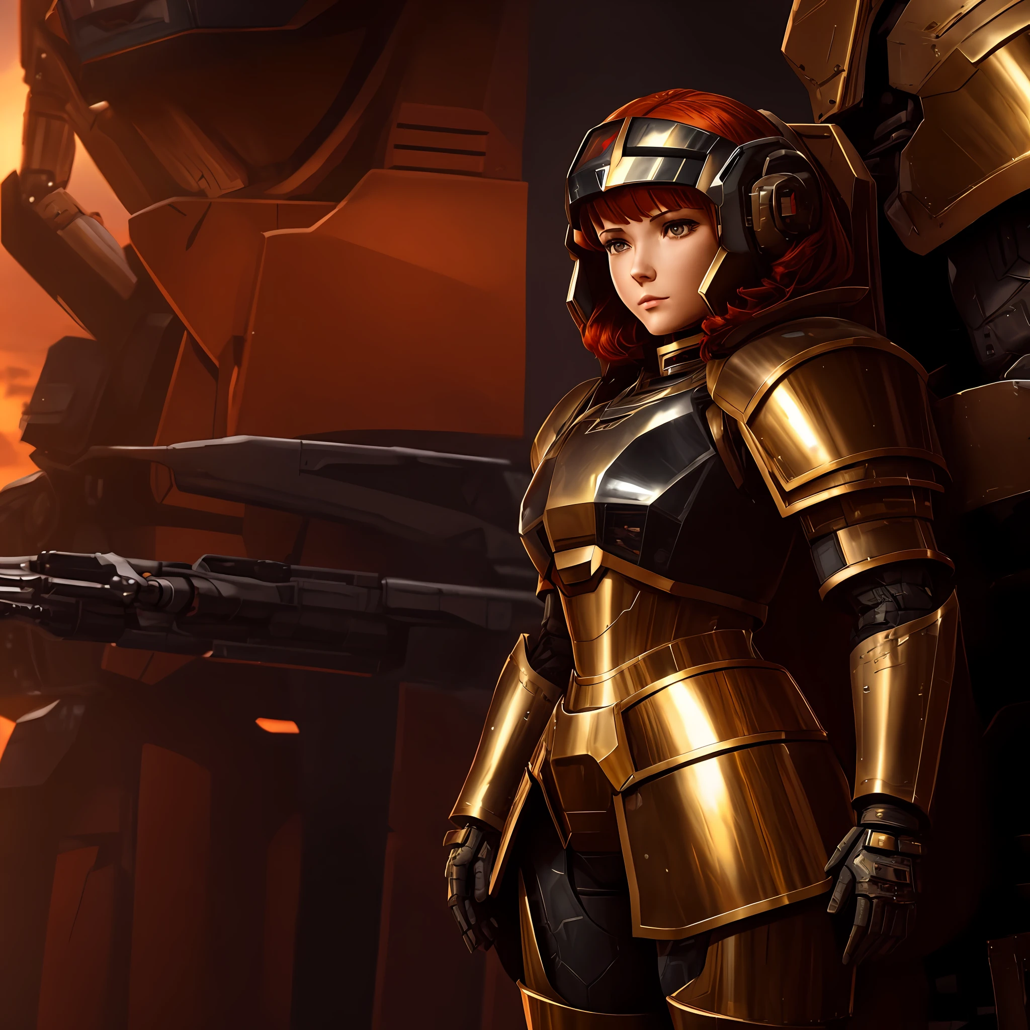 Sci-fi armor with armored dress, heavy cyberspace armor with armored dress, robotic mechsuit with human pilot, power suit with female pilot, armored suit dress with dress red-head female pilot, tall female pilot with red hair wearing heavy plate armor dress, large dress, large queen dress
