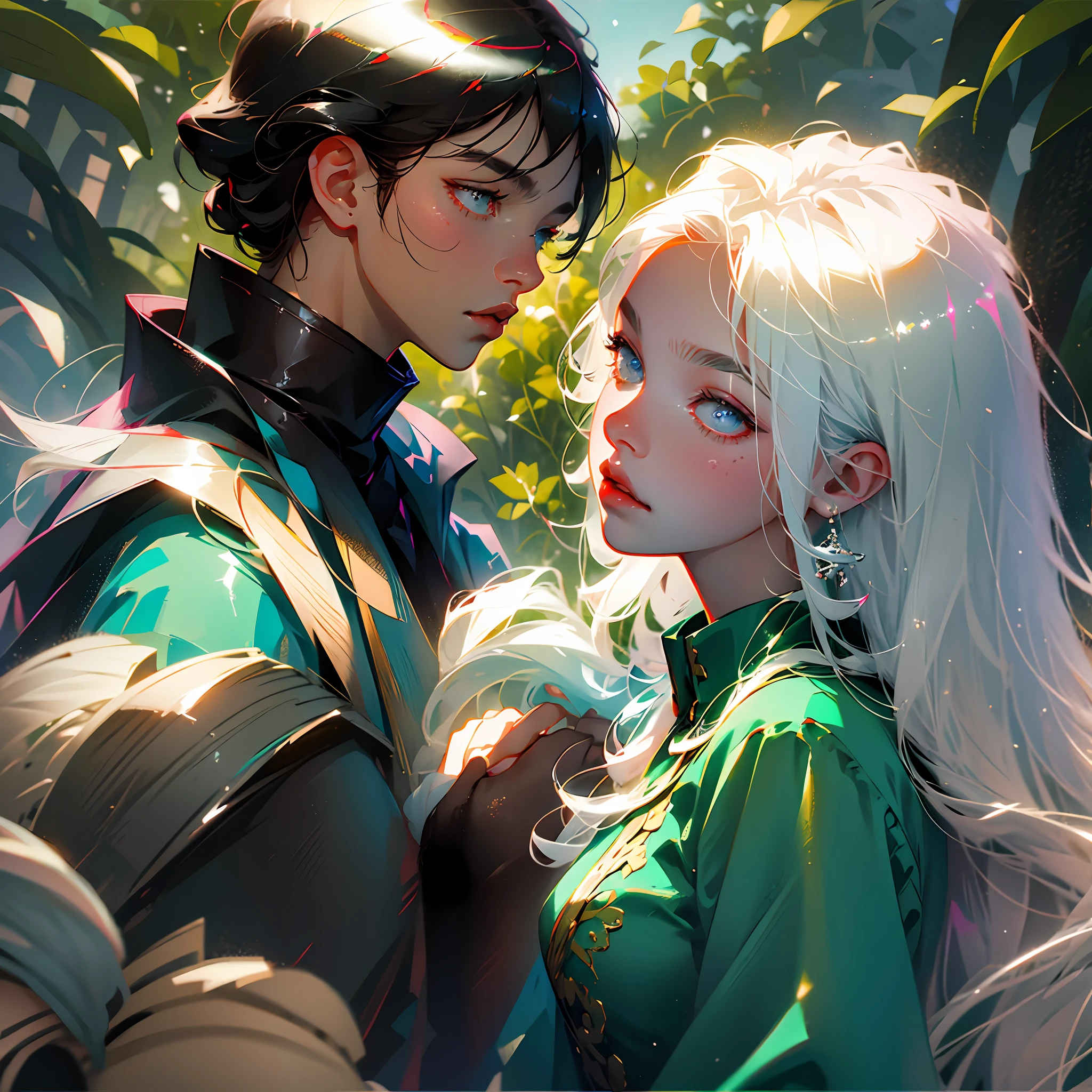 A couple between a black-haired boy and a white-haired girl, anime