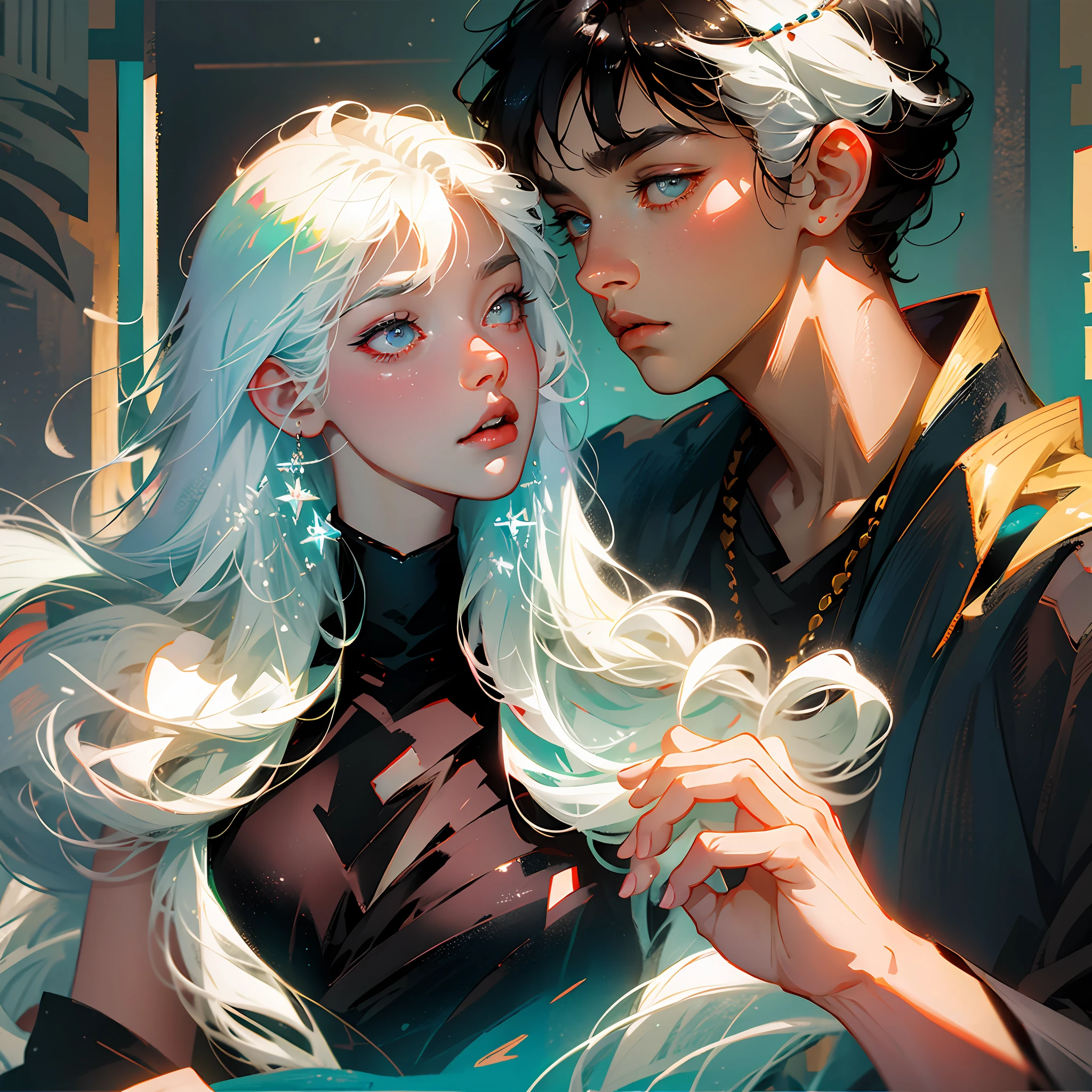 A couple between a black-haired boy and a white-haired girl, anime